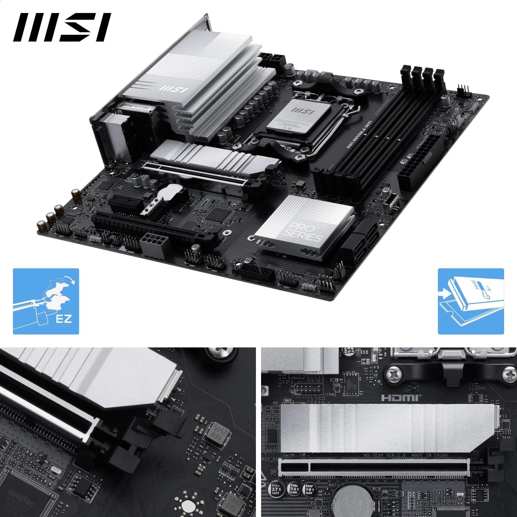 MSI PRO B850M-A WiFi-Motherboard, mATX - Unterstützt AMD Ryzen 9000/8000/7000 Prozessoren, AM5 - DDR5 Memory Boost (8200+ MT/s OC), PCIe 5.0 x16 & 4.0 x4, M.2 Gen5, Wi-Fi 7, 5G LAN Bild 5