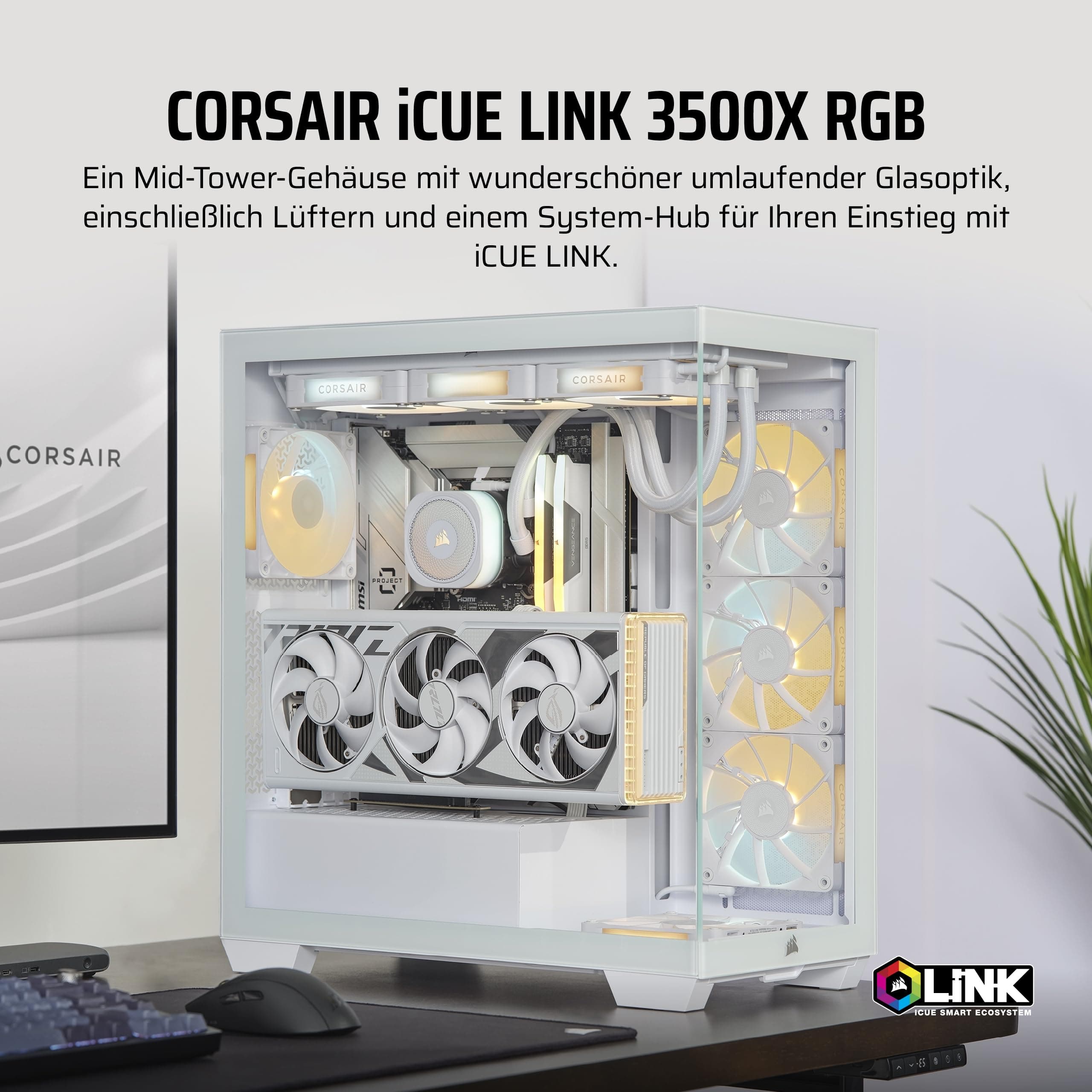 CORSAIR iCUE LINK 3500X RGB Mid-Tower ATX PC-Gehäuse - Gehärtetes Panorama-Glas - Umgekehrte Verbindung Motherboard-Kompatibel - 3x CORSAIR iCUE LINK RX120 RGB-Lüfter Im Lieferumfang Enthalten - Weiß iCUE LINK RGB Weiß Bild 4