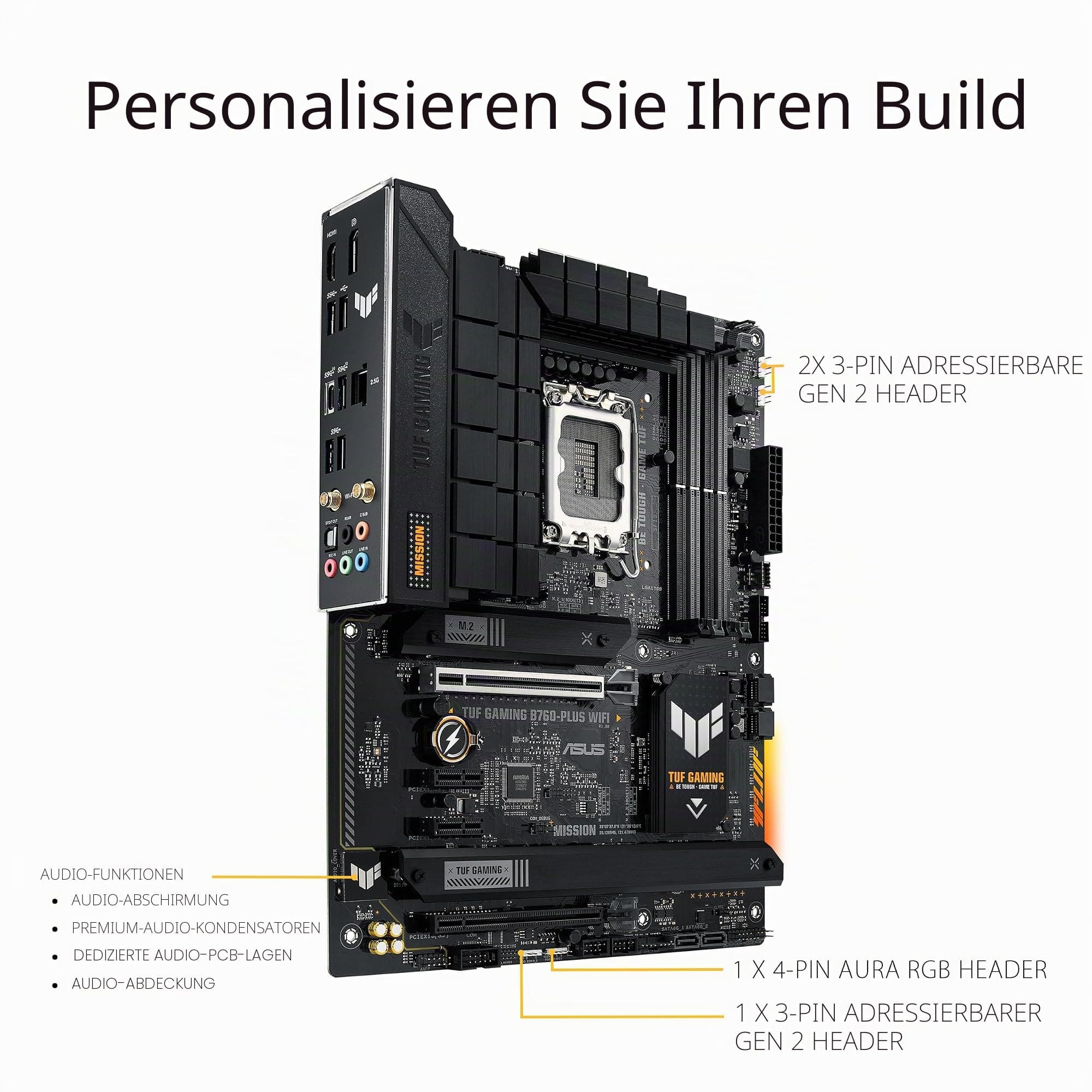 ASUS TUF GAMING B760-PLUS WIFI Motherboard ATX LGA1700-Sockel B760 Chipsatz USB 3.2 Gen 1 2 USB-C Gen2 2x2 2.5 Gigabit LAN Wi-Fi 6 Bluetooth Onboard-Grafik CPU erforderlich HD Audio 8-Kanal Bild 7
