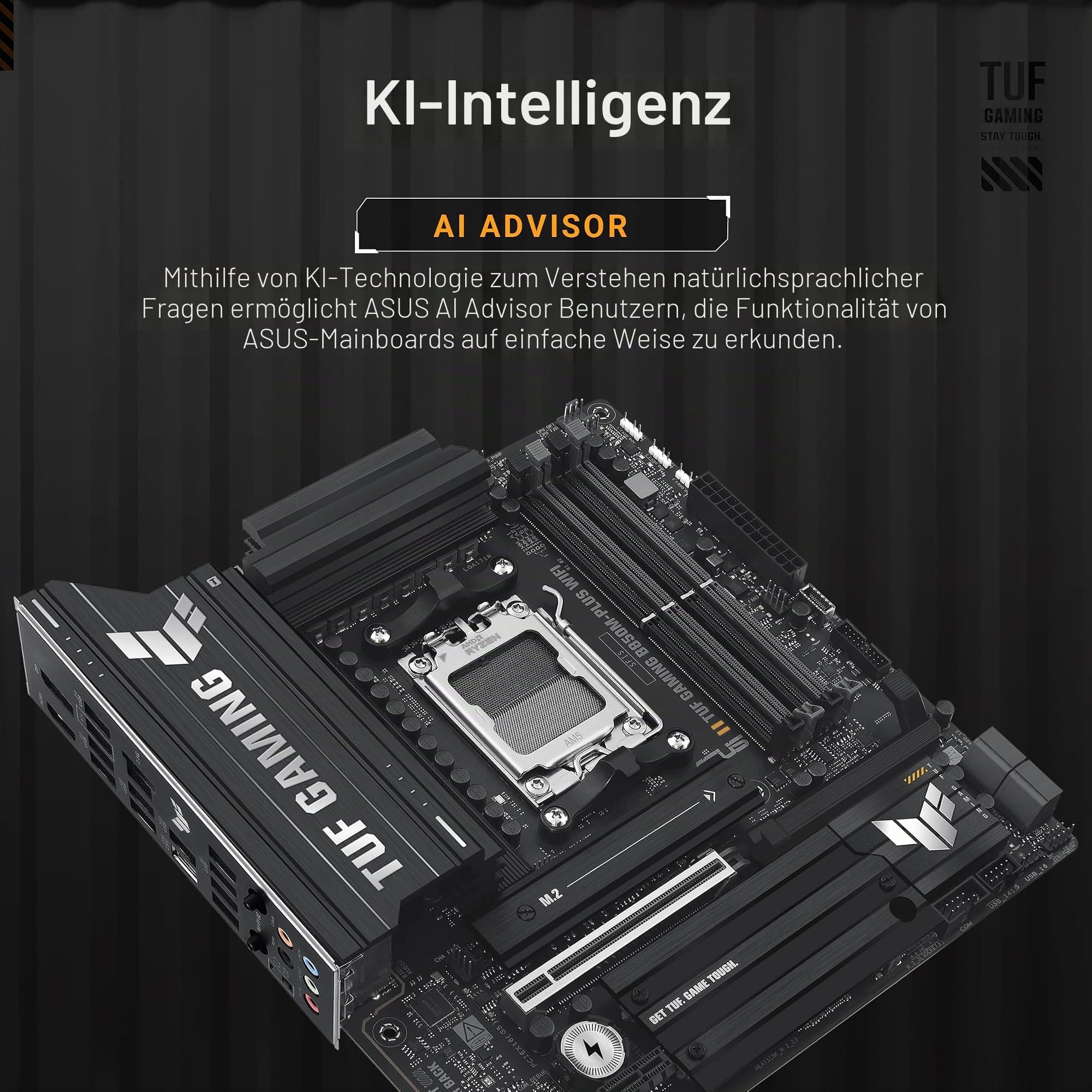 ASUS TUF Gaming B850M-PLUS WiFi AMD AM5 B850 mATX Motherboard, 14+2+1 80A DrMOS Stages, DDR5, PCIe 5.0, 3X M.2, Wi-Fi 6E, 2.5Gb LAN, DP, HDMI™, USB 10Gbps & 20Gbps Type-C®, BIOS Flashback™, Aura Sync Bild 3