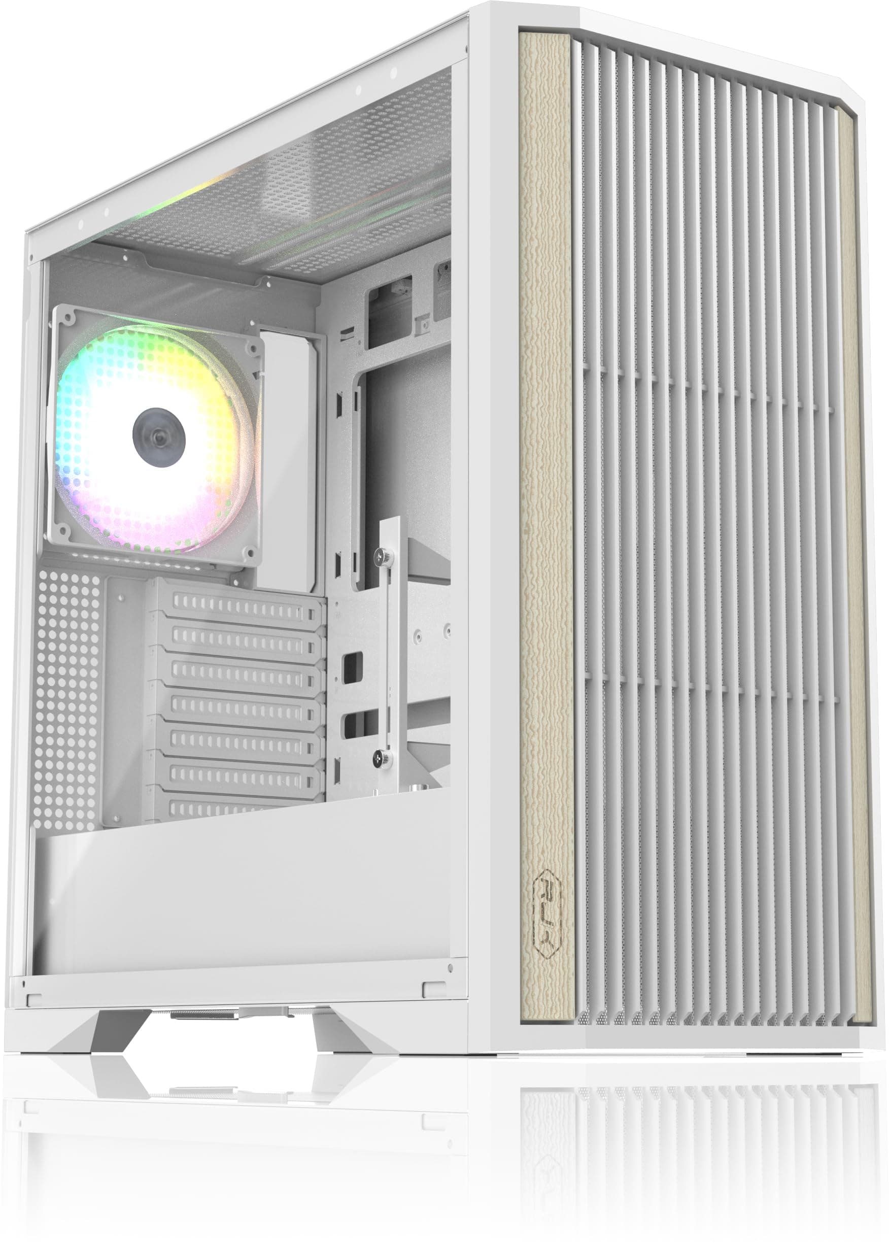 RAIJINTEK AGOS MAX Weiß Mid-Tower PC Gehäuse, Gehärtetes Glas, Holzmaserung Frontpanel, Bewegliche GPU-Halterung, 140mm Lüfter hinten, E-ATX/ATX/M-ATX/Mini-ITX kompatibel 1 Lüfter Weiß