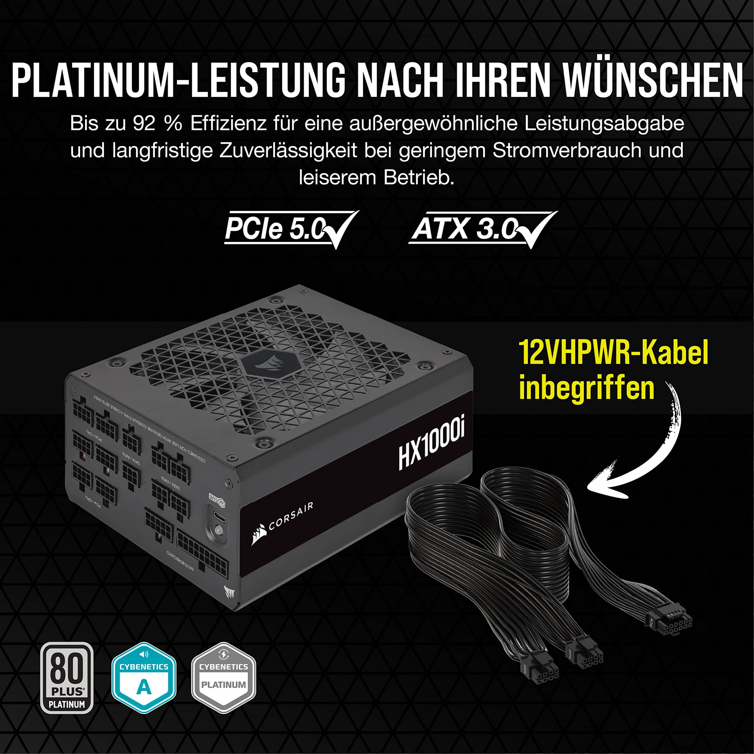 Corsair HX1000i, Vollmodulares, Extrem Geräuscharmes ATX-Netzteil, ATX 3.1 & PCIe 5.1, iCUE Software, 80 Plus Platinum-Effizienz, Schwarz 1000 Watts Bild 7