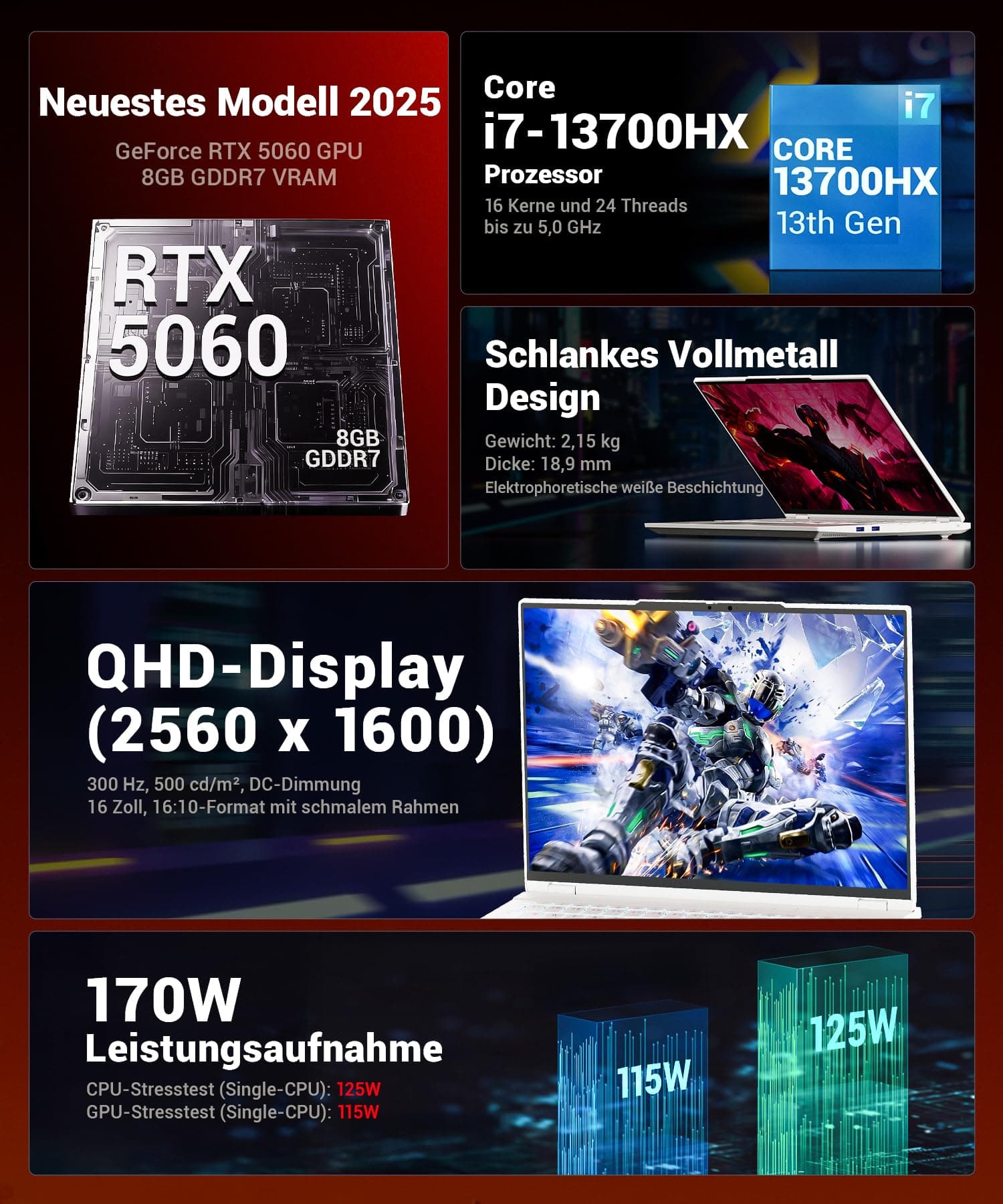 Gaming Laptop, 16'' QHD 300Hz (2560x1600) 2,5K, Core i7-13700HX, RTX 5060, 16GB DDR5 RAM, 1TB PCIe 4.0 SSD, 500nits, Wi-Fi 6E, BT5.3, Metall, Backlit, Weiß, Für Gamer & Content Creator Bild 3
