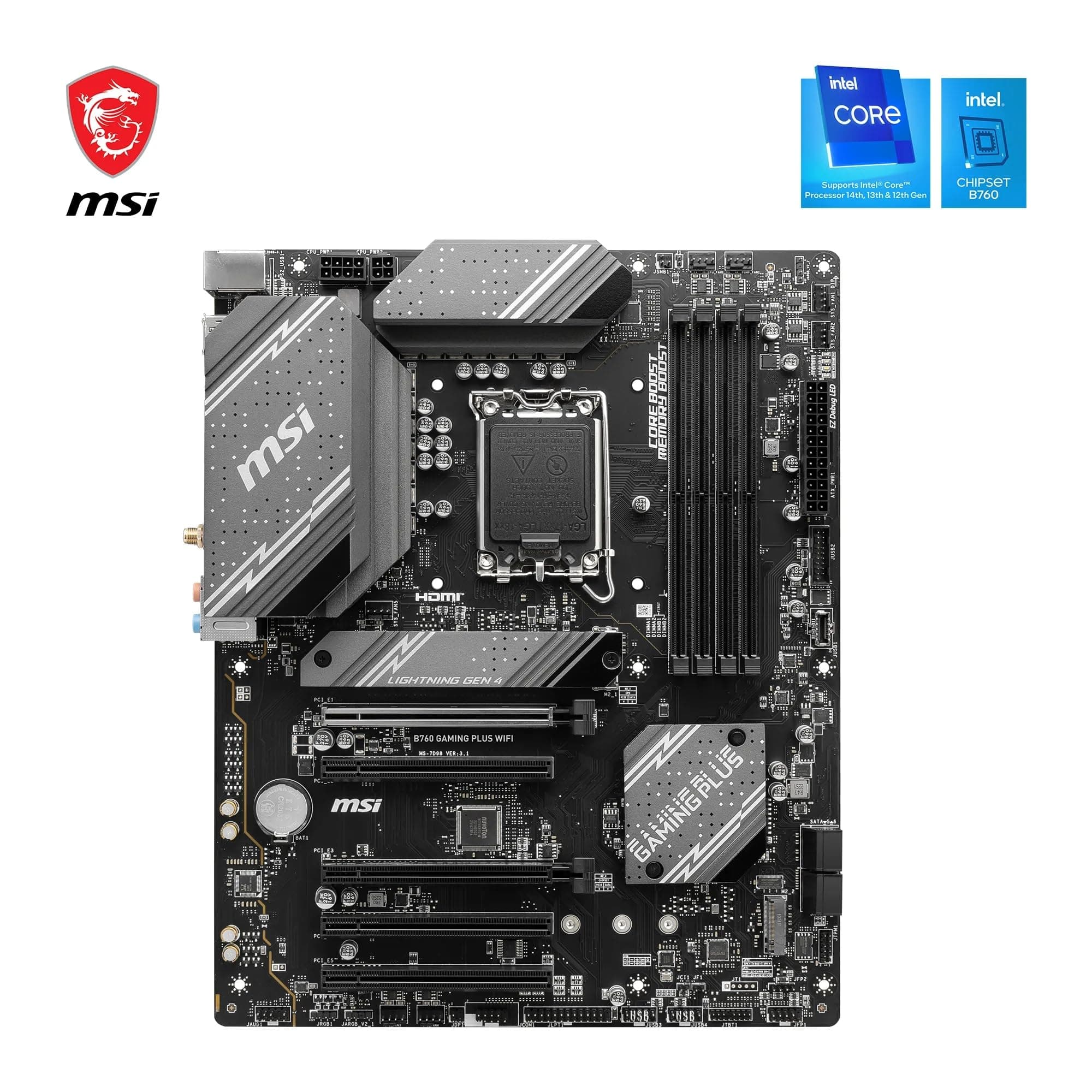 MSI B760 Gaming Plus WiFi Mainboard, ATX - Unterstützt Intel Core Prozessoren der 14., 13. und 12. Generation, LGA 1700 - DDR5 6800+MHz/OC, 2 x PCIe 4.0 x16, 2 x M.2 Gen4, 2.5G LAN, Wi-Fi 6E Bild 3