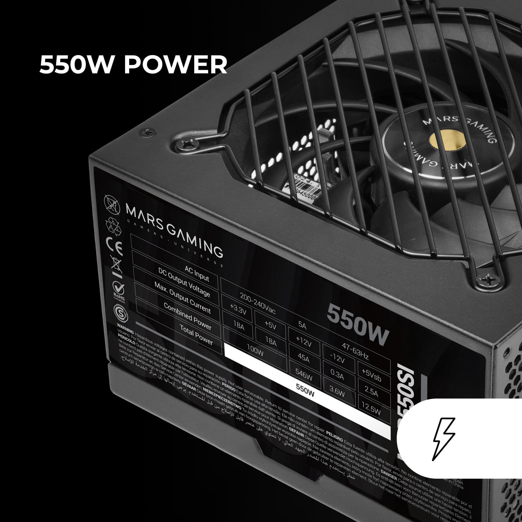 Mars Gaming MPB550SI, ATX-Netzteil 550W, 7 Jahre Garantie, 80Plus Bronze 230V, 90% Effizienz, SI Extreme Silence Lüfter, AI2-RPM-Technologien, Japanische Kondensatoren, Schwarz Bild 7