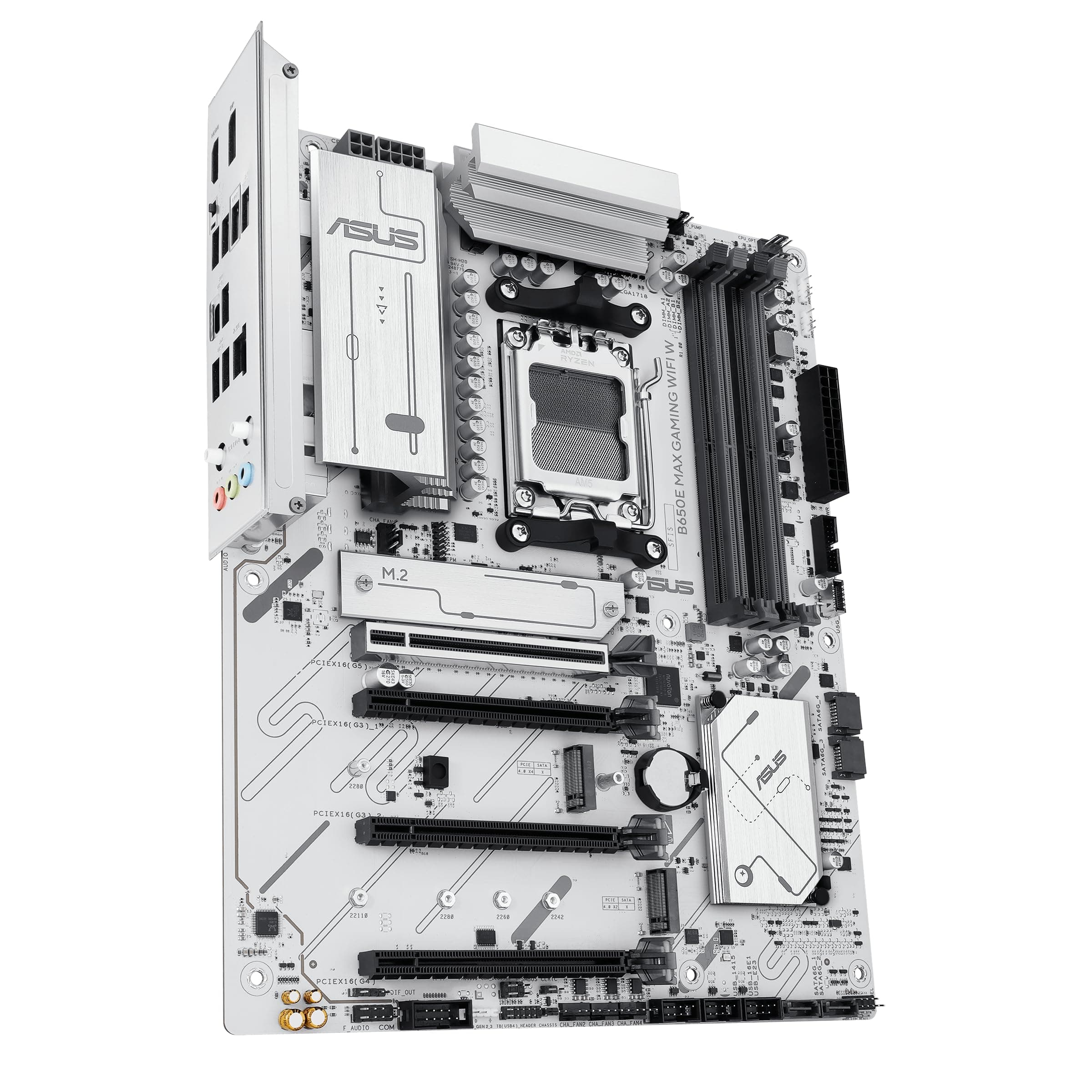 ASUS B650E MAX Gaming WiFi W - AMD B650 AM5 ATX Motherboard, White PCB, DDR5, PCIe 5.0, 3X M.2, Wi-Fi 6E, 2.5Gb LAN, USB 10Gbps Type-C, DisplayPort, HDMI™, BIOS Flashback™, Aura Sync, Advanced AI PC Bild 3