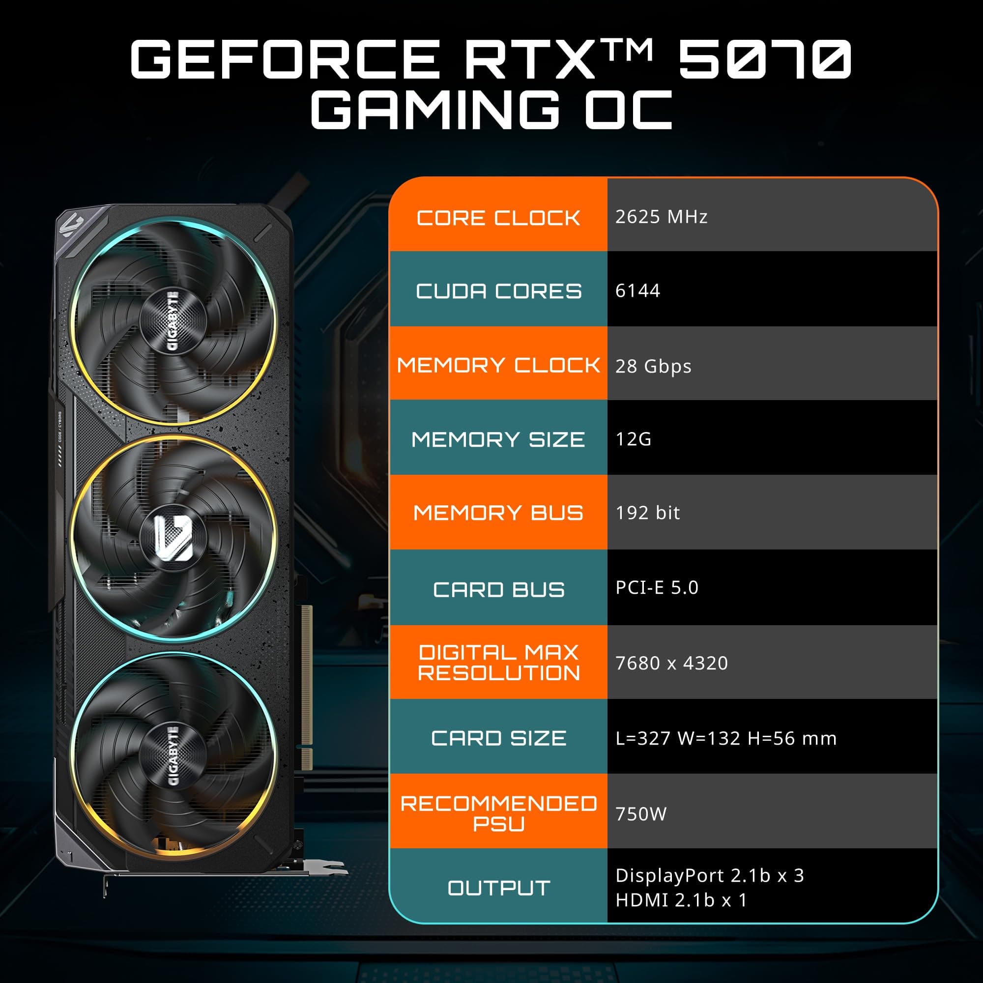 GIGABYTE GeForce RTX 5070 Gaming OC 12G Grafikkarte, 12GB 256-Bit GDDR7, PCIe 5.0, WINDFORCE Cooling System, GV-N5070GAMING OC-12GD Grafikkarte Bild 3