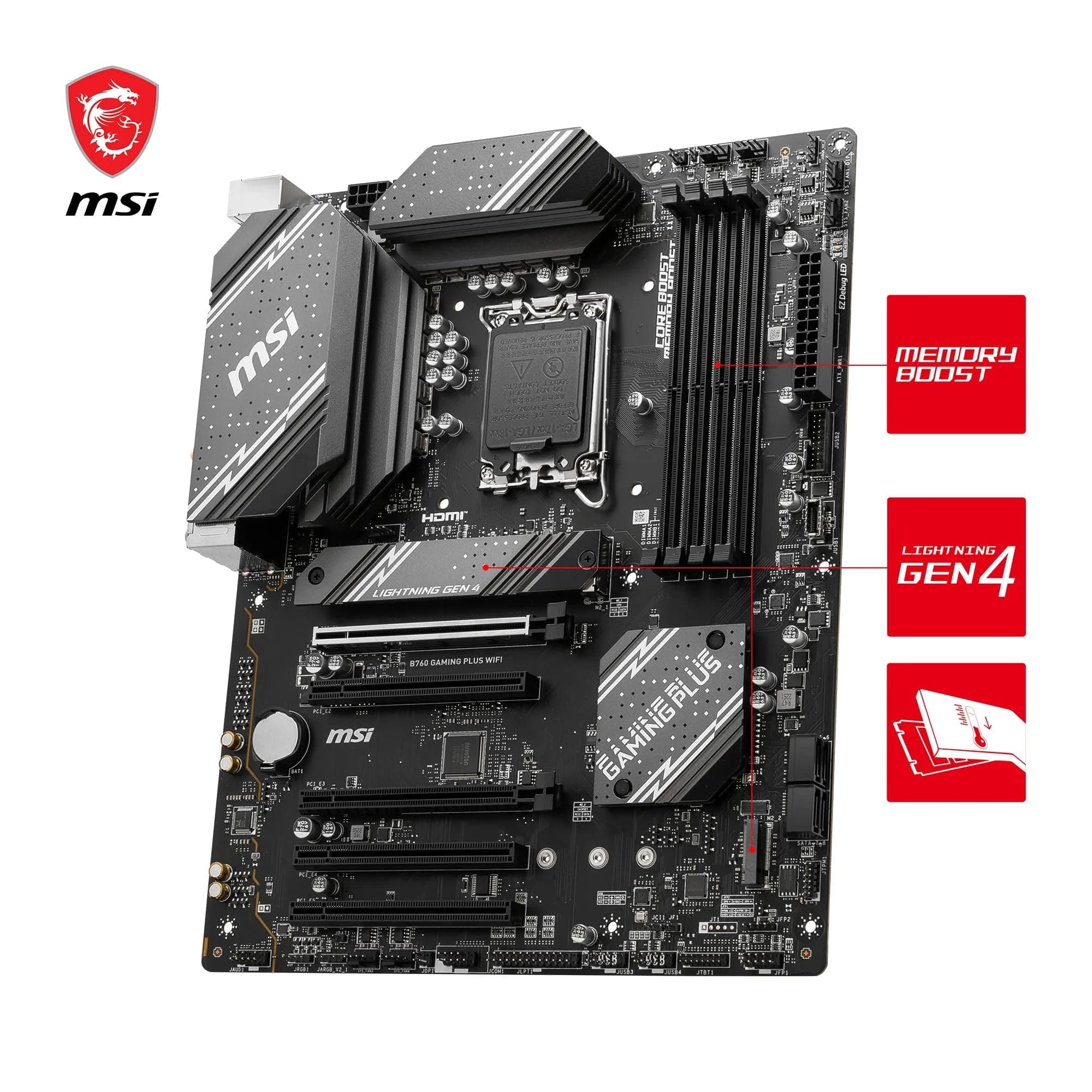 MSI B760 Gaming Plus WiFi Mainboard, ATX - Unterstützt Intel Core Prozessoren der 14., 13. und 12. Generation, LGA 1700 - DDR5 6800+MHz/OC, 2 x PCIe 4.0 x16, 2 x M.2 Gen4, 2.5G LAN, Wi-Fi 6E Bild 5