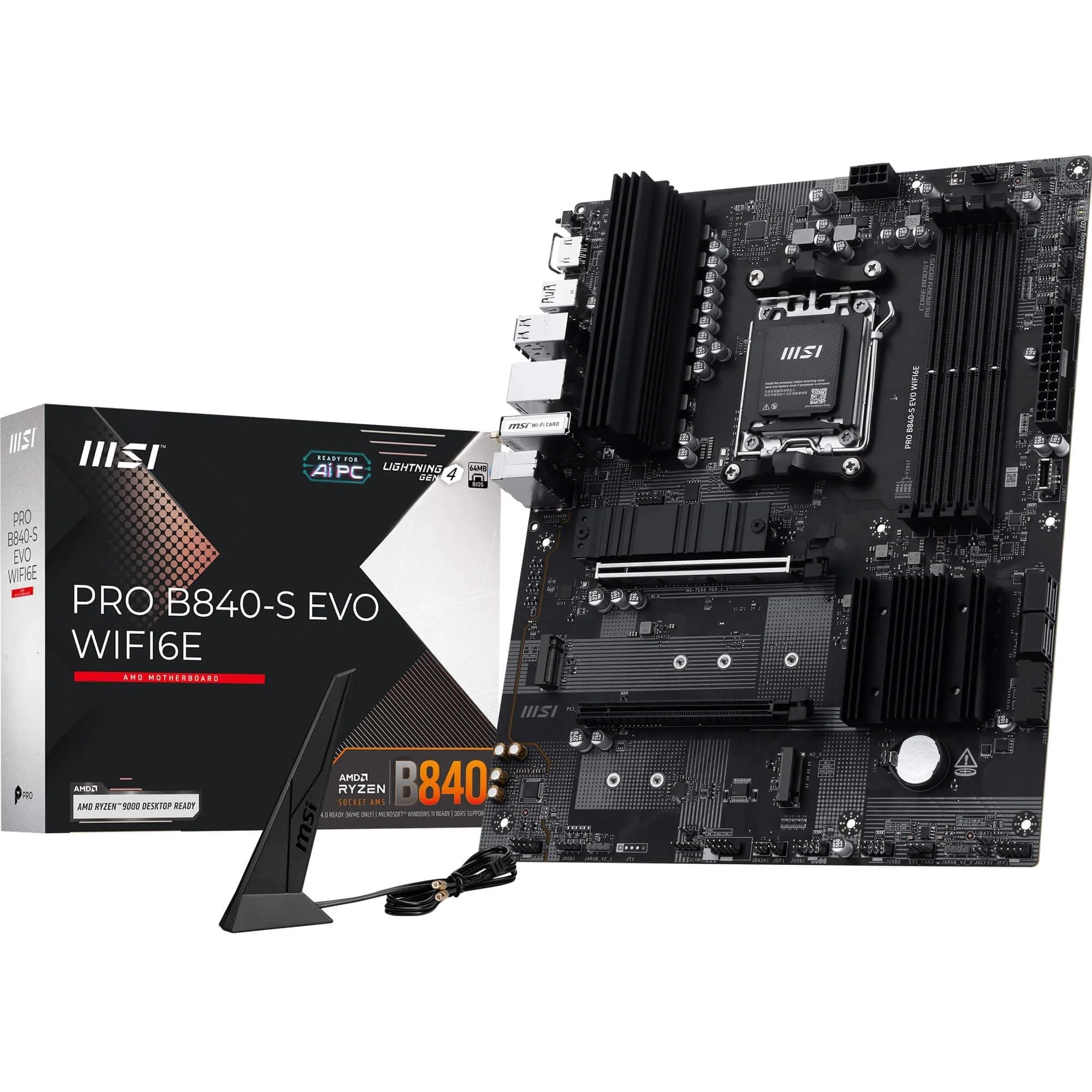 MSI PRO B840-S EVO WIFI6E Mainboard, ATX - Unterstützt AMD Ryzen 9000/8000 / 7000 Prozessoren, AM5 - DDR5 Memory Boost (bis zu 8000+ MT/s OC), PCIe 4.0 x16, M.2 Gen4, Wi-Fi 6E, 2.5G LAN Bild 2