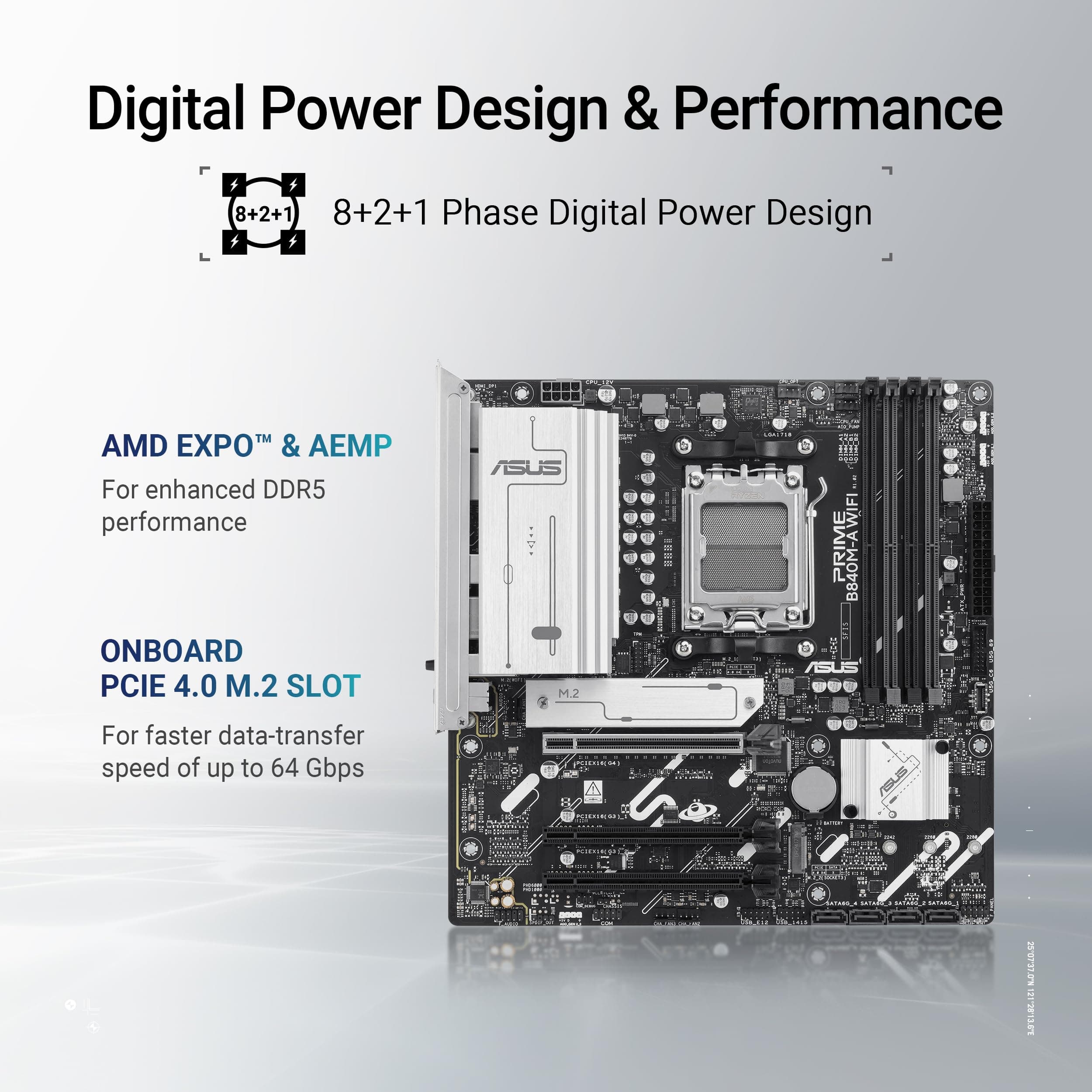 ASUS Prime B840M-A WiFi Mainboard Sockel AMD AM5 (AMD B840, mATX, DDR5 Speicher, 3X M.2, PCIe 4.0, WiFi 6E, Aura Sync) Bild 5