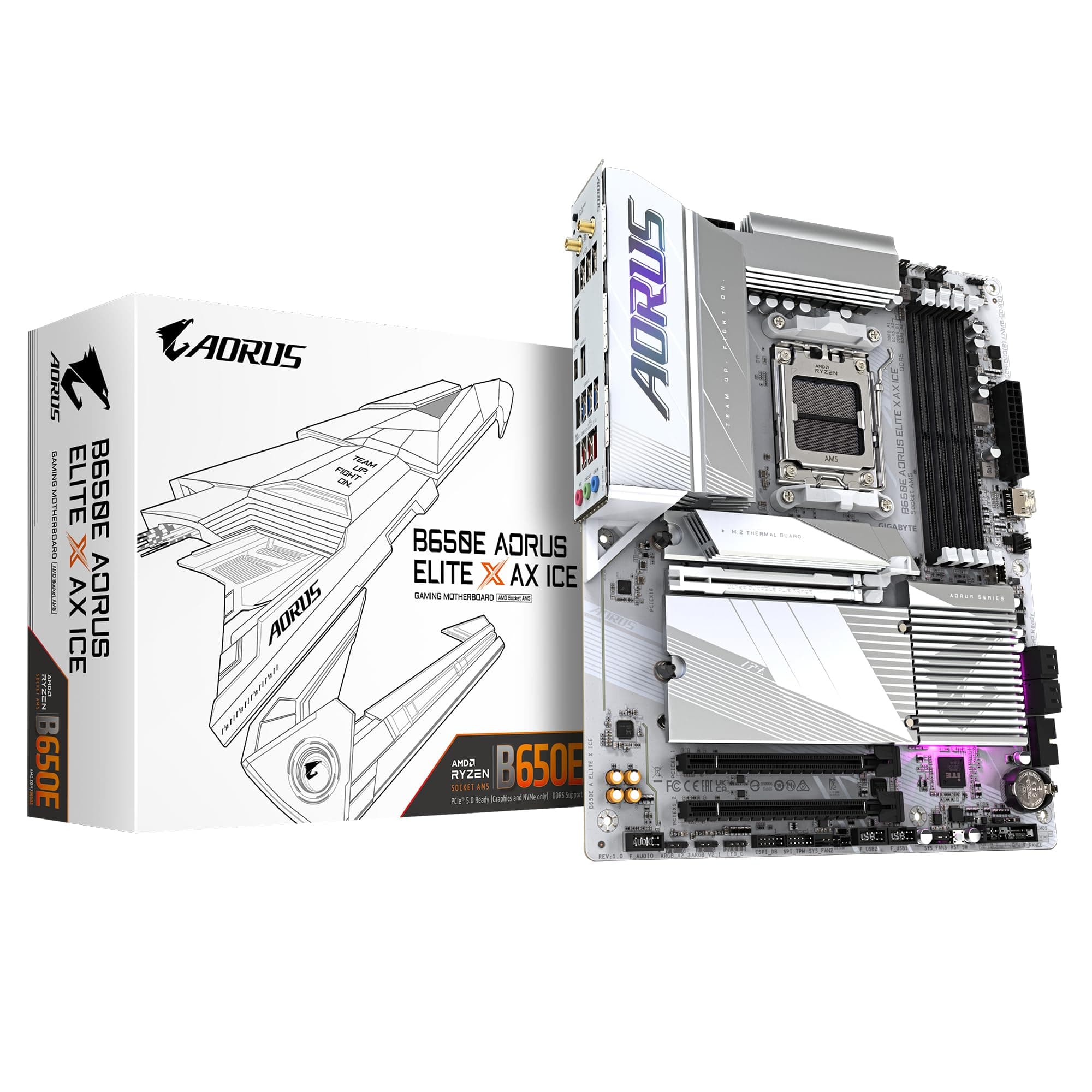GIGABYTE B650E AORUS Elite X AX Ice Mainboard - AMD Ryzen 9000er-Serie, 12+2+2 Phasen VRM, bis zu 8000 MHz DDR5 (OC), 1xPCIe 5.0 + 2xPCIe 4.0 M.2, 2,5 GbE LAN, WiFi 6E, USB 3.2 Gen 2 Bild 2