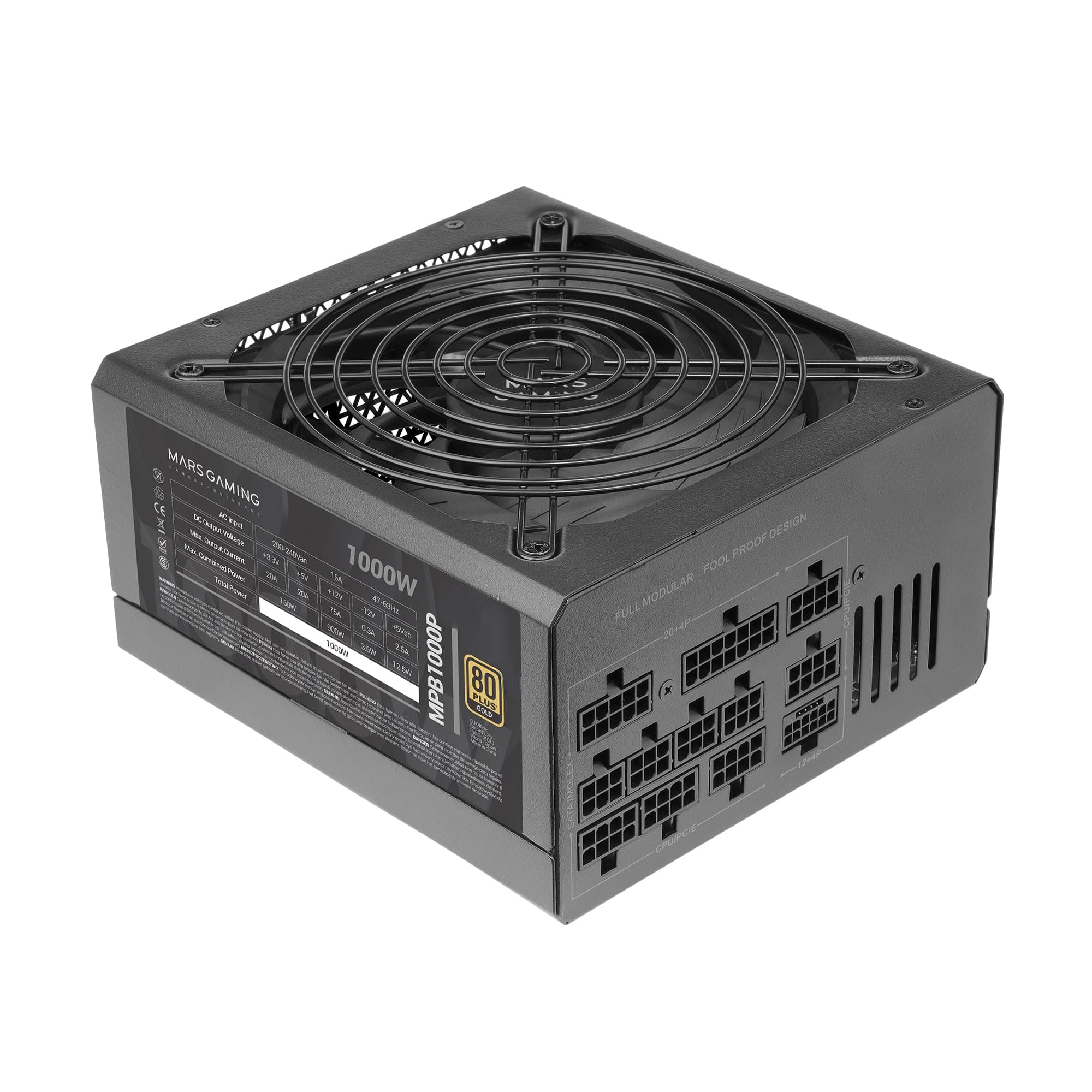 Mars Gaming MPB1000P, Modulares ATX 3.1 Netzteil 1000W, 10 Jahre Garantie, 80Plus Gold, 140mm AI-RPM Lüfter, Japanische Kondensatoren, PCIe 5.1 und APFC Unterstützung, DC-DC + SMD Technologie, Schwarz Bild 2