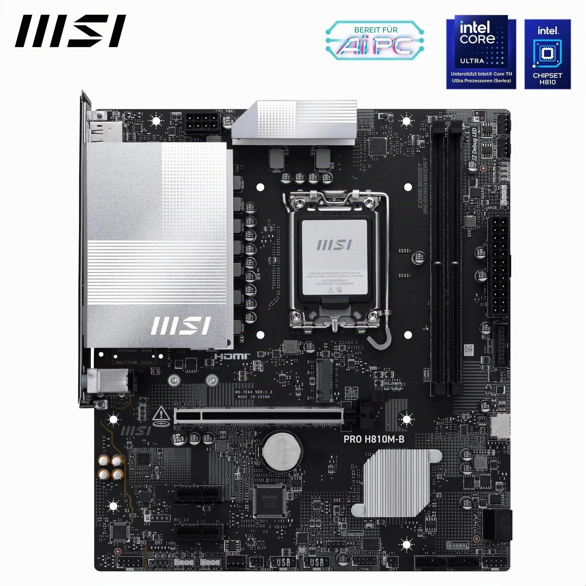 MSI PRO H810M-B Mainboard, mATX - Unterstützt Intel Core Ultra Prozessoren (Series 2), LGA 1851 - DDR5 Memory Boost (6400 MT/s MAX), PCIe 5.0 x16, M.2 Gen4, 2.5G LAN Bild 3