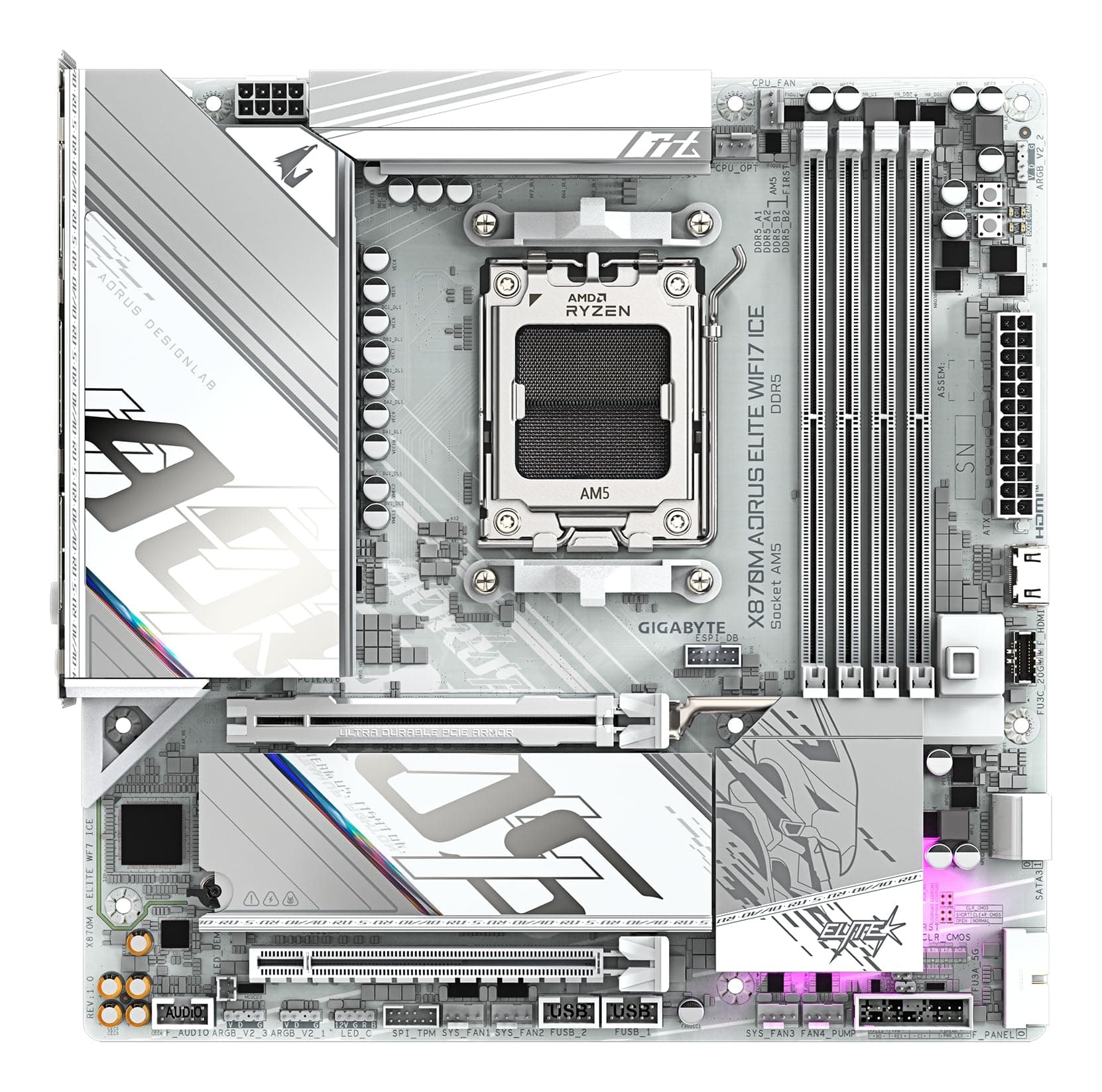 GIGABYTE X870M AORUS Elite WIFI7 Ice Mainboard – Unterstützt AMD Ryzen 9000 CPUs, digitales 14+2+2-Phasen-VRM, bis zu 8200 Hz DDR5 (O.C), 1× PCIe 5.0 + 1× PCIe 4.0, Wi-Fi 7, 2.5-GbE-LAN, USB 4 Bild 3