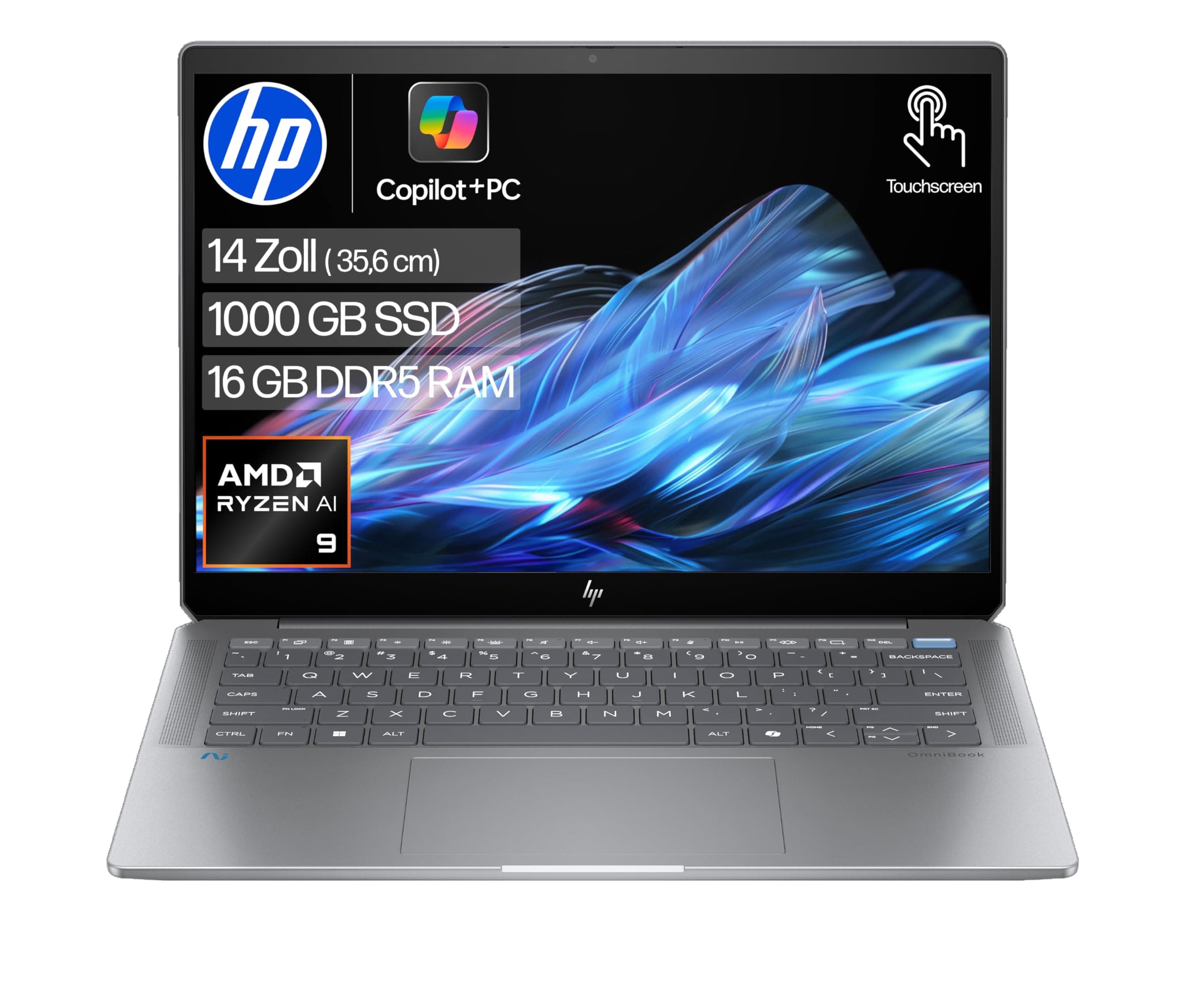 HP OmniBook Ultra Next Gen AI Laptop| AMD Ryzen AI 9 365 mit dedizierte NPU für KI | 50 NPU Tops | Copilot+ PC | 14" 2,8K Touchscreen 400 Nits | 16GB | 1TB SSD | Windows 11 Home | Silber AMD Ryzen AI 9 365 1 TB SSD