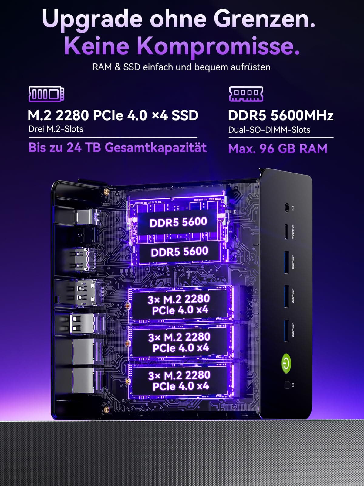GMKtec Mini Gaming PC Intel Ultra 5 125U(12K/14T Bis zu 4.3GHz), K15 Mini PC 48GB DDR5 4800, 1TB PCIE 4.0 x4, Micro PC mit USB4.0 | 2.5G LAN | Quad 4K Display | Oculink –für Gaming/Büro/Business 48.0 GB 1.0 TB Bild 6