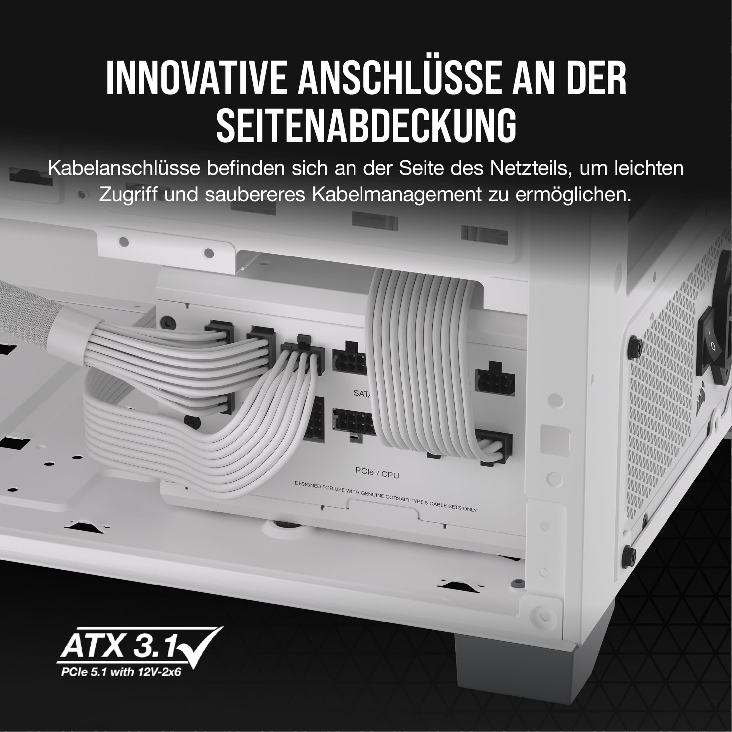 Corsair RM850x SHIFT Vollmodulares ATX-Netzteil - Modulare Seitenschnittstelle - ATX 3.1- & PCIe 5.1-kompatibel - Null-Drehzahl-Lüftermodus - 105°C-Kondensatoren - 80 PLUS Gold-Effizienz - Weiß 850 Watts Weiß Bild 7