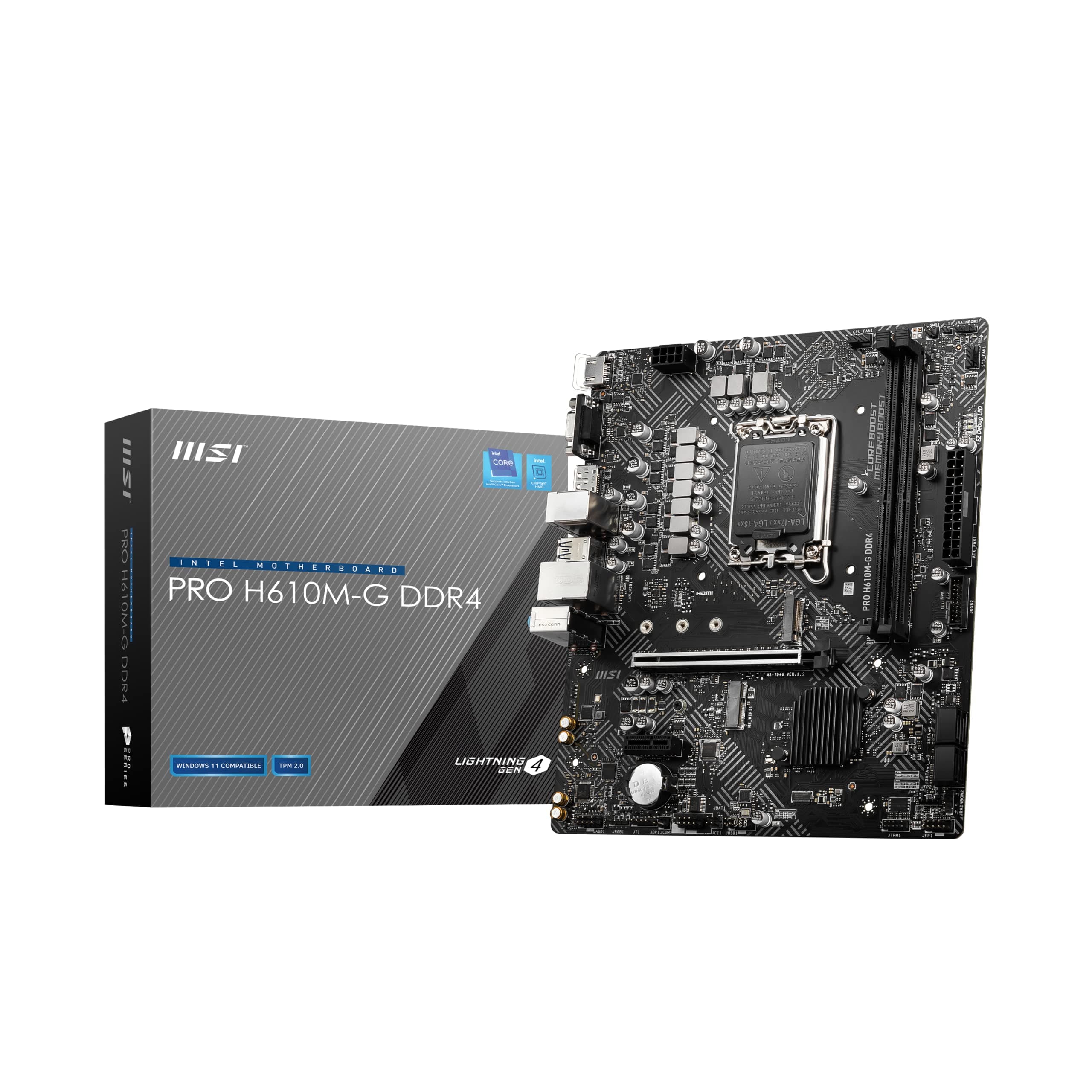 MSI PRO H610M-G DDR4 Mainboard, Micro-ATX - unterstützt Intel Core Prozessoren 12. Generation, LGA 1700, 2 x DIMMs (3200MHz), 1x PCIe 4.0 x16 Slot, 1 x M.2 Gen3, Intel 1G LAN, HDMI 2.1, DP 1.4 & VGA DDR4 M-ATX