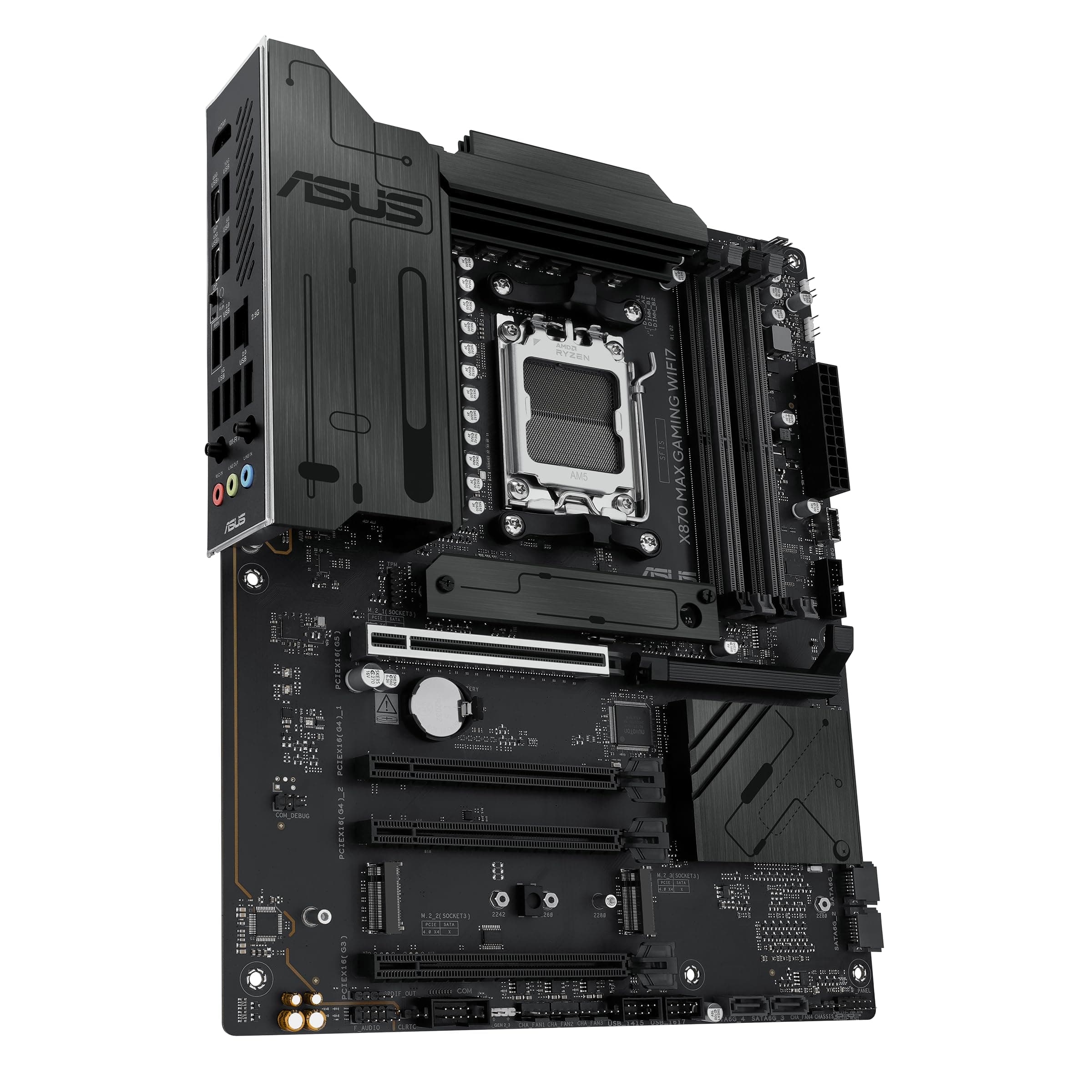 ASUS X870 MAX Gaming WIFI7 AMD AM5 ATX Motherboard, 12+2+1 80A DrMOS, DDR5, PCIe 5.0 x16 Q-Release, 3X M.2, Wi-Fi 7 Q-Antenne, 2,5 GB LAN, USB4® Type-C®, USB-C® 20 Gbit/s, BIOS Flashback™, Aura Sync Bild 7