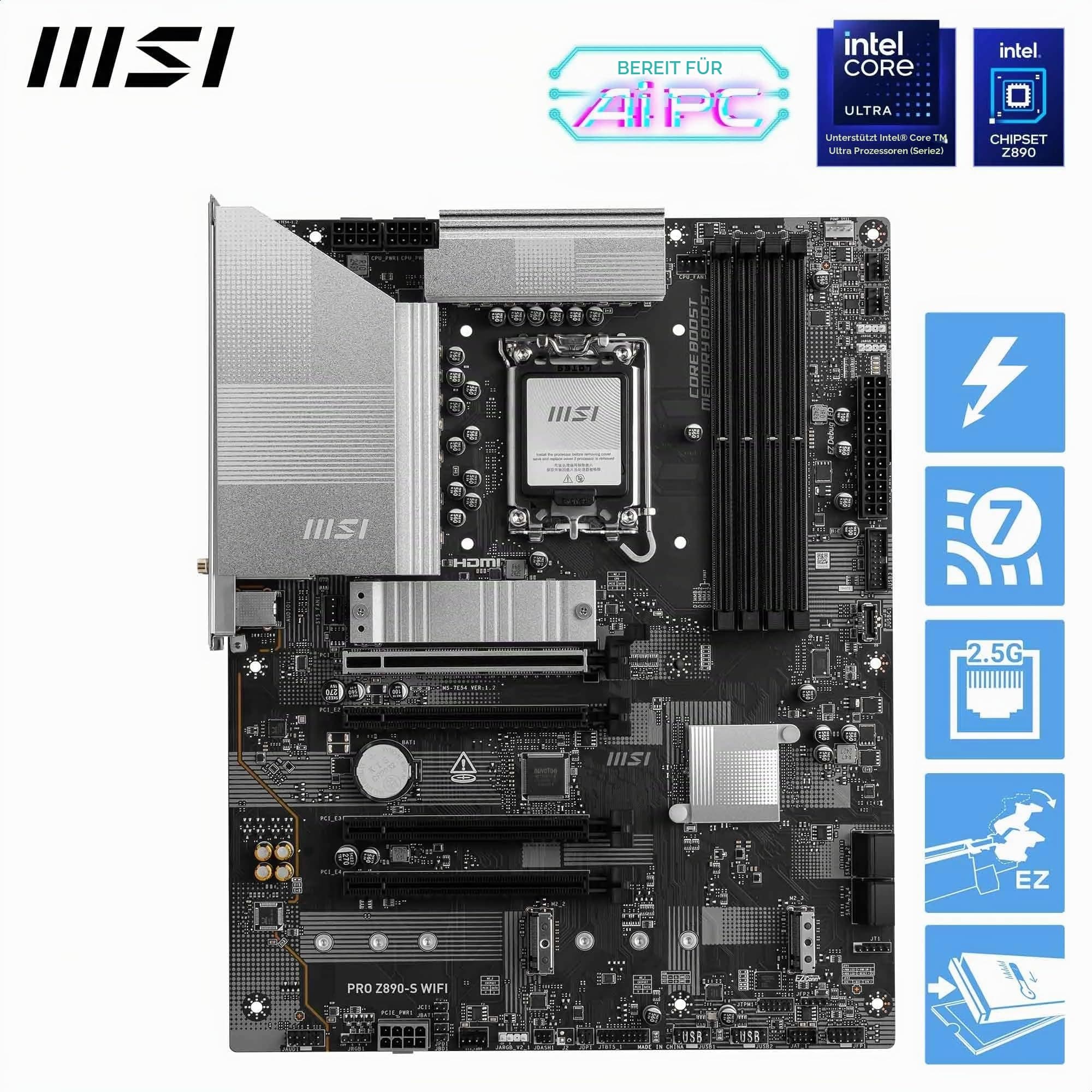 MSI PRO Z890-S WiFi Mainboard, ATX - Unterstützt Intel Core Ultra Prozessoren (Series 2), LGA 1851 - DDR5 Memory Boost (8600+ MT/s OC), PCIe 5.0 x16 & 4.0 x16, M.2 Gen5, Wi-Fi 7, 2.5G LAN Bild 3