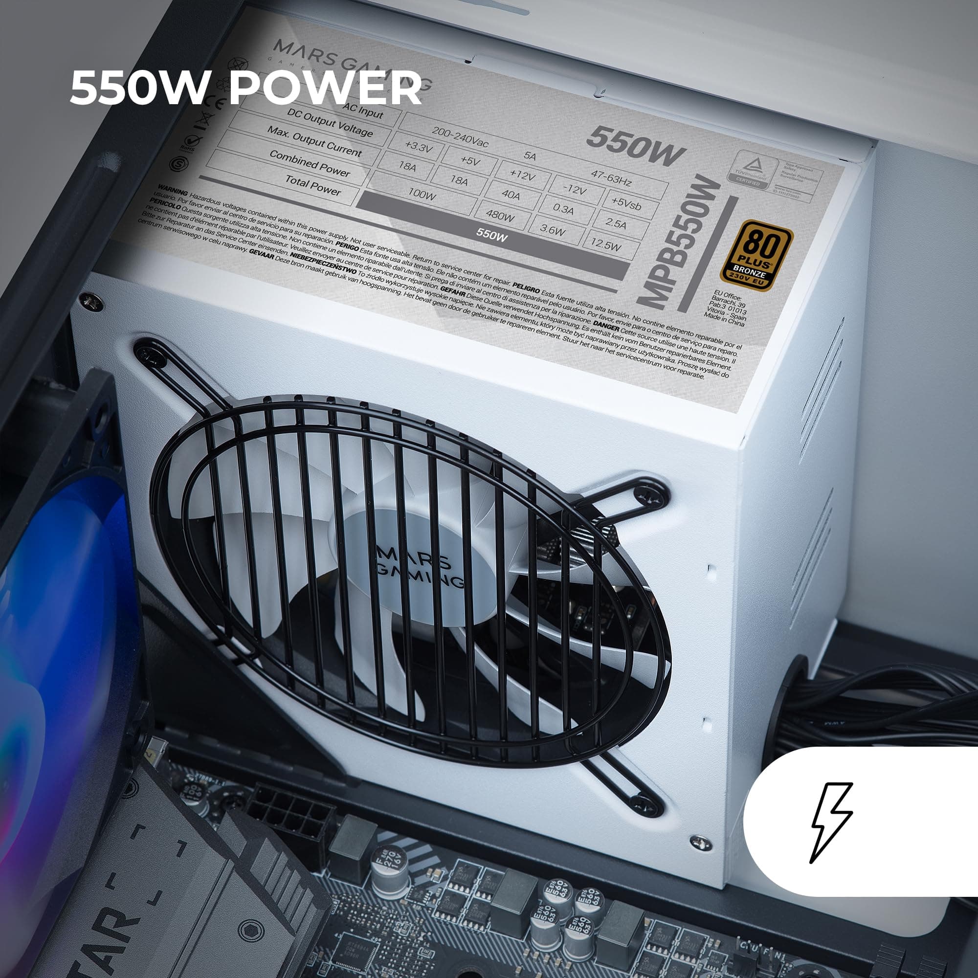 Mars Gaming MPB550, PC-Netzteil 550W ATX, 6 Jahre Garantie, 80Plus Bronze 230V EU, 90% Wirkungsgrad, 120mm FDB Lüfter mit AI-RPM Technologie und Anti-Vibrationssystem, Weiß MPB550W Bild 3