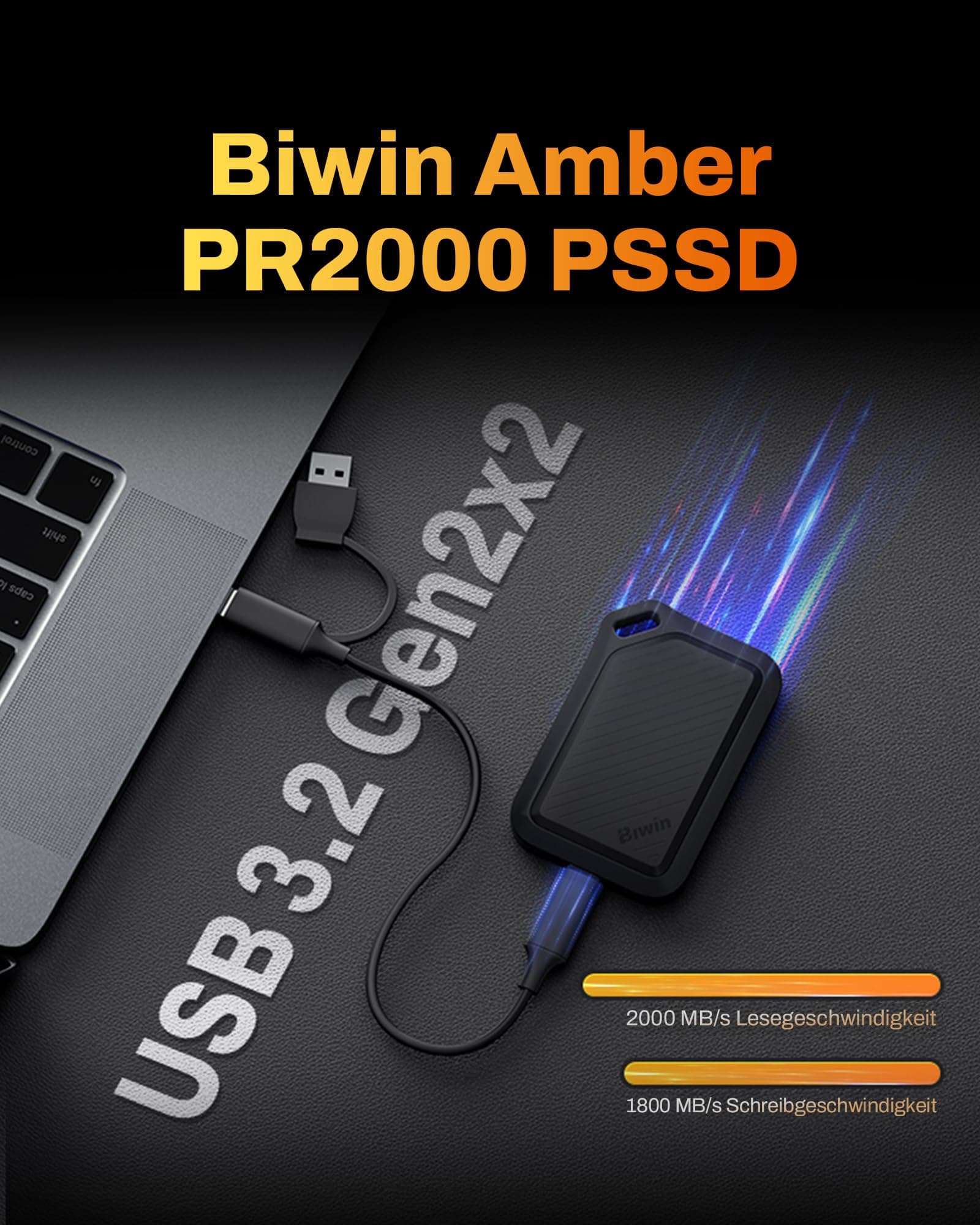 BIWIN Amber PR2000 Externe SSD 1TB USB 3.2 Gen2x2 - Bis zu 2000 MB/s IP67 wasserdicht - Portable NVMe External Solid State Drives mit USB-C & USB-A Adapter, Schwarz 1TB Schwarz Bild 3