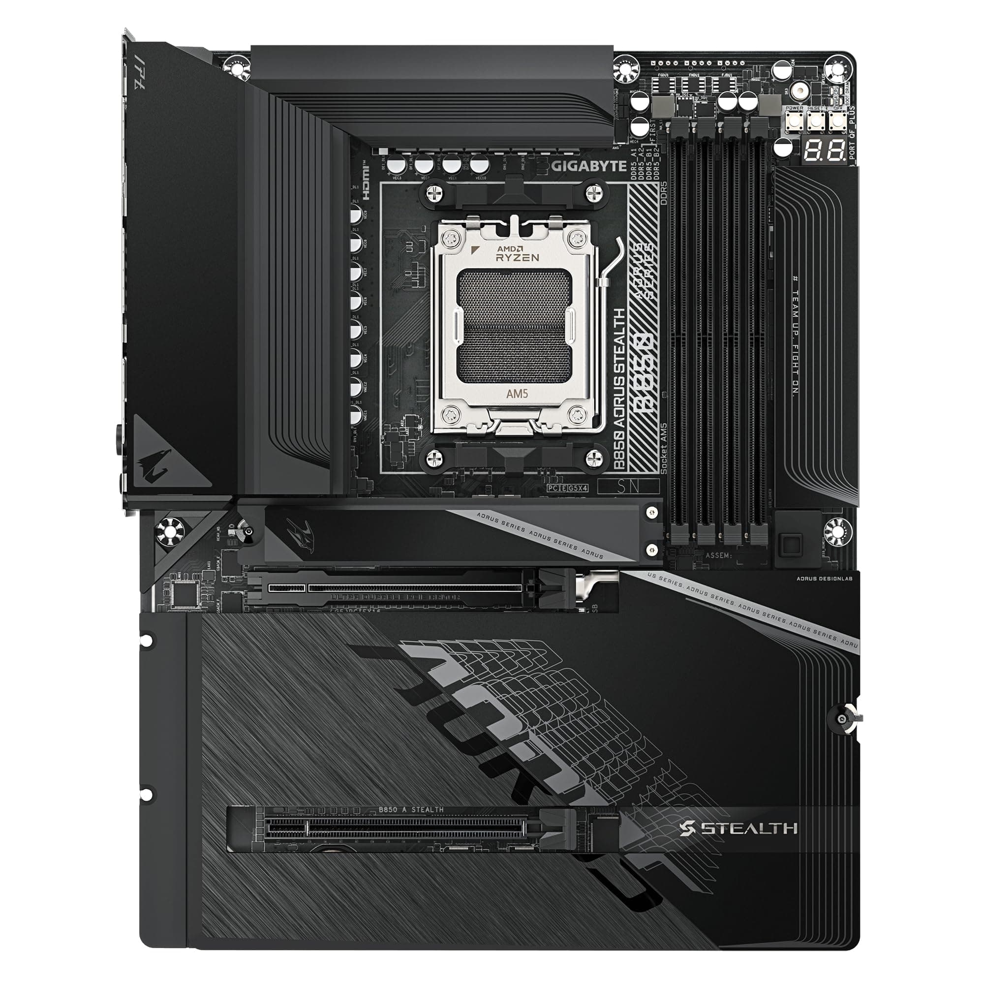 GIGABYTE B850 AORUS Stealth Mainboard – AMD Ryzen 9000 Series CPUs, digitales 14+2+2-Phasen-VRM, bis zu 8200 MHz DDR5 (O.C.), 2× PCIe-5.0-M.2 + 2× PCIe-4.0-M.2, Wi-Fi 7, 5-GbE-LAN, USB 3.2 Gen 2 Bild 3