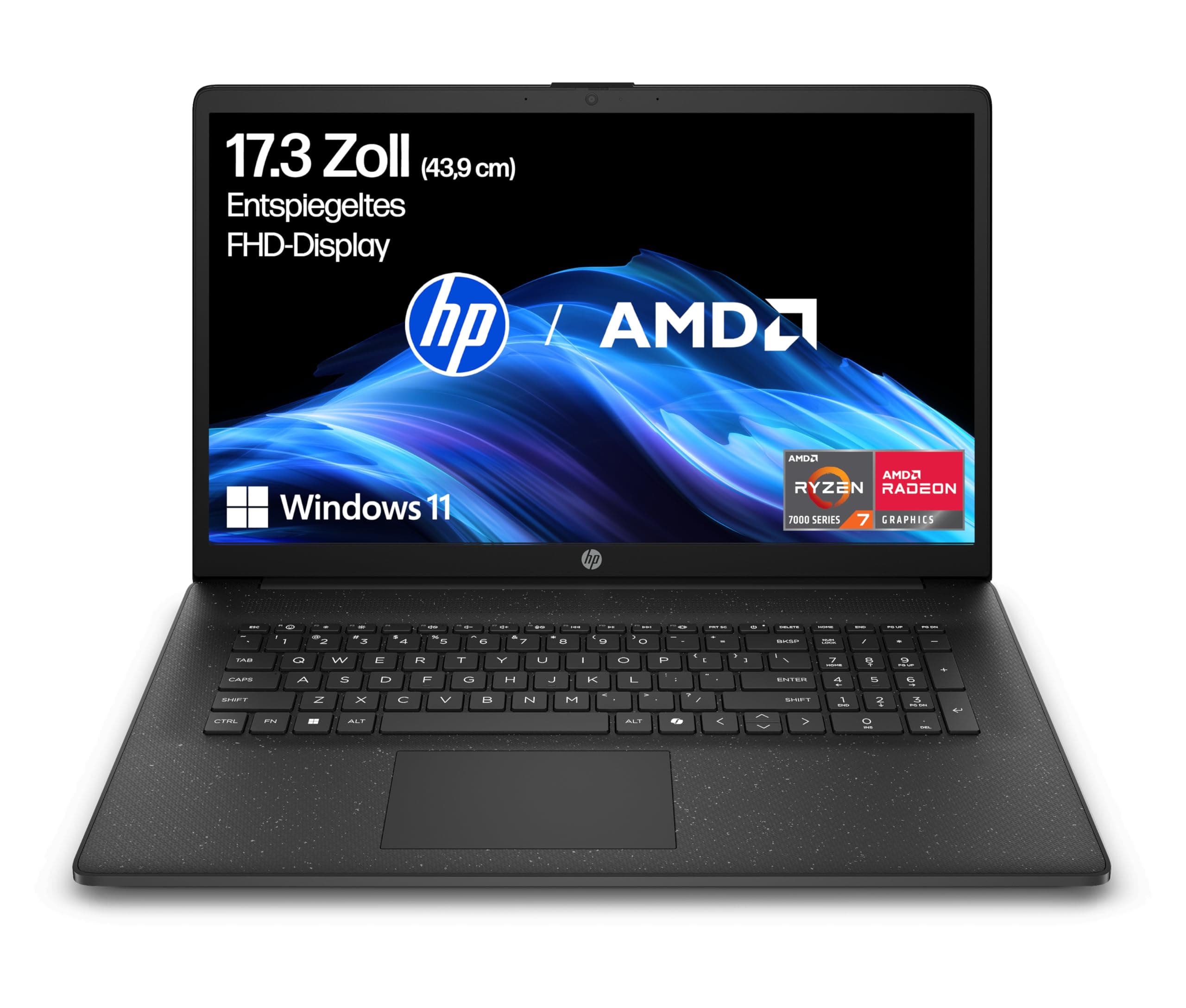 HP Laptop mit 17,3" FHD Display, AMD Ryzen 7 7730U, 16 GB DDR4 RAM, 512 GB SSD, AMD Radeon-Grafik, Windows 11, QWERTZ, Schwarz inkl. 25 GB Dropbox-Speicher für 12 Monate AMD Ryzen 7 7730U + 16 GB DDR4 RAM + 512 GB SSD Copilot Keyboard Schwarz