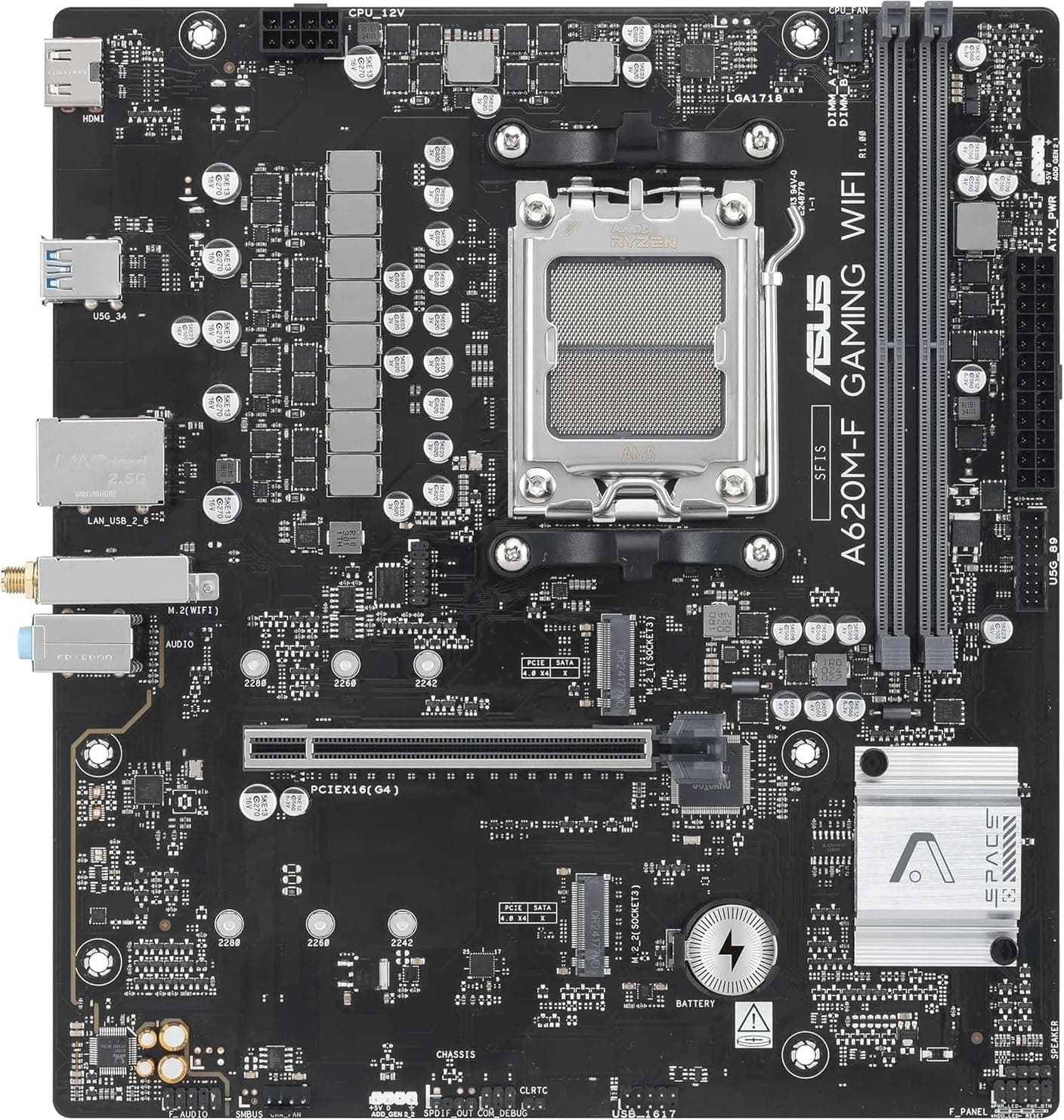 ASUS A620M-F Gaming WiFi Mainboard, AMD mATX, DDR5, 2X M.2 PCIe 4.0, HDMI, 2.5GB Ethernet, USB 3.2 Gen 1 Type-A, SafeSlot Core+, Q-DIMM, Q-LED Core, Q-Slot, ASUS 5X Protection III, Armoury Crate Bild 3