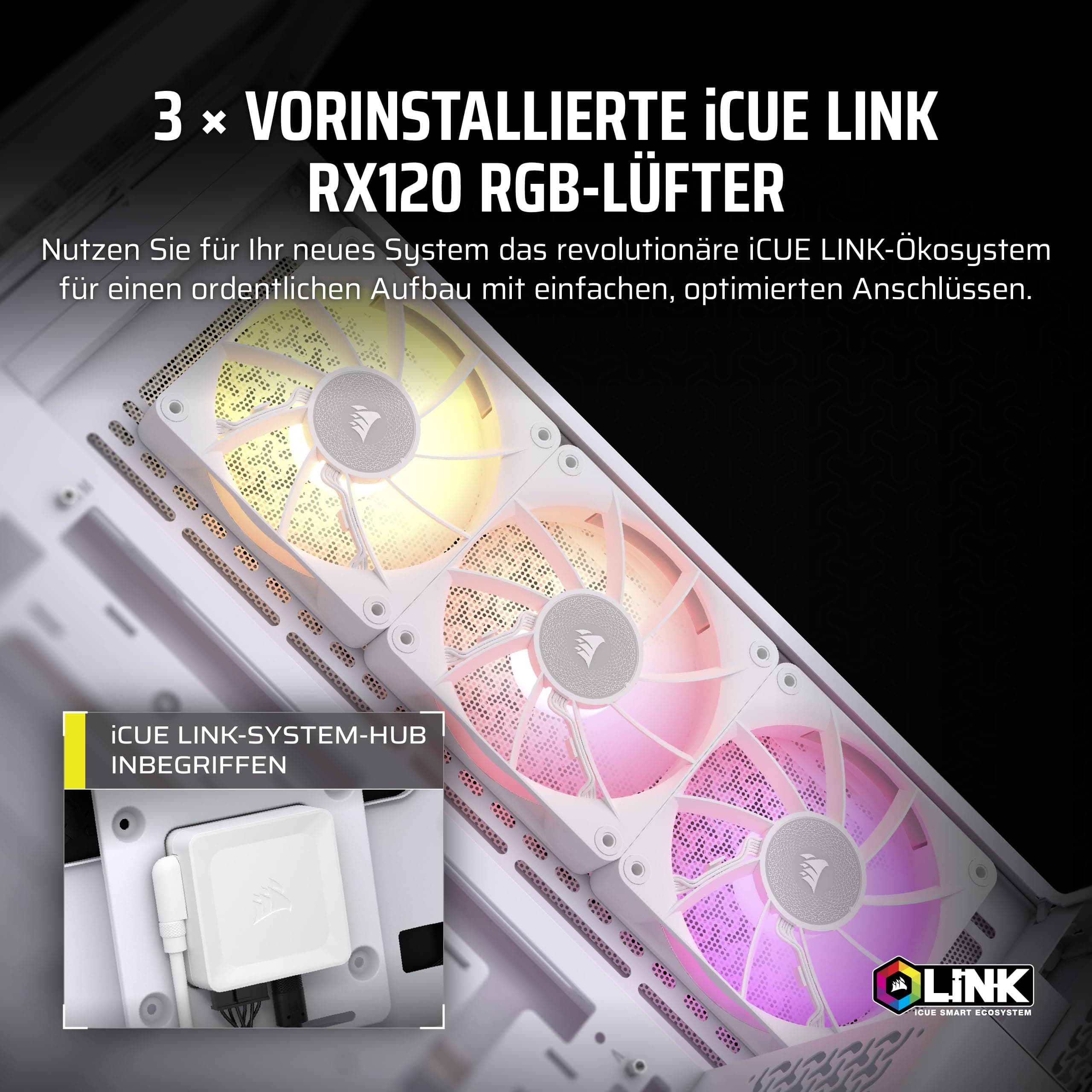 CORSAIR iCUE LINK 3500X RGB Mid-Tower ATX PC-Gehäuse - Gehärtetes Panorama-Glas - Umgekehrte Verbindung Motherboard-Kompatibel - 3x CORSAIR iCUE LINK RX120 RGB-Lüfter Im Lieferumfang Enthalten - Weiß iCUE LINK RGB Weiß Bild 8