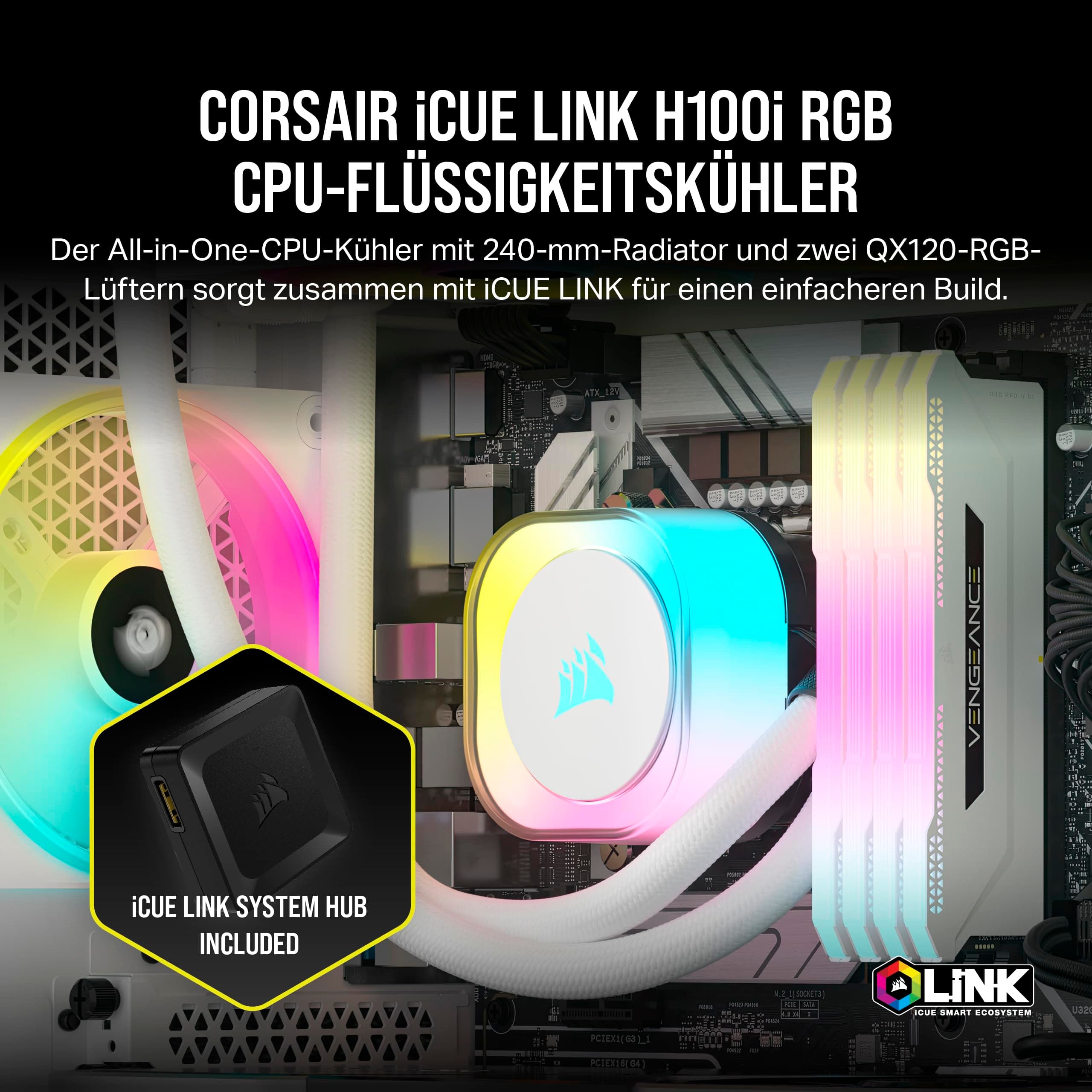 Corsair iCUE LINK H100i RGB Flüssig-CPU-Kühler - 240mm AIO - QX120 RGB-Lüfter - Passend Für Intel® LGA 1700, AMD® AM5 - iCUE LINK System Hub Enthalten - Weiß Bild 3