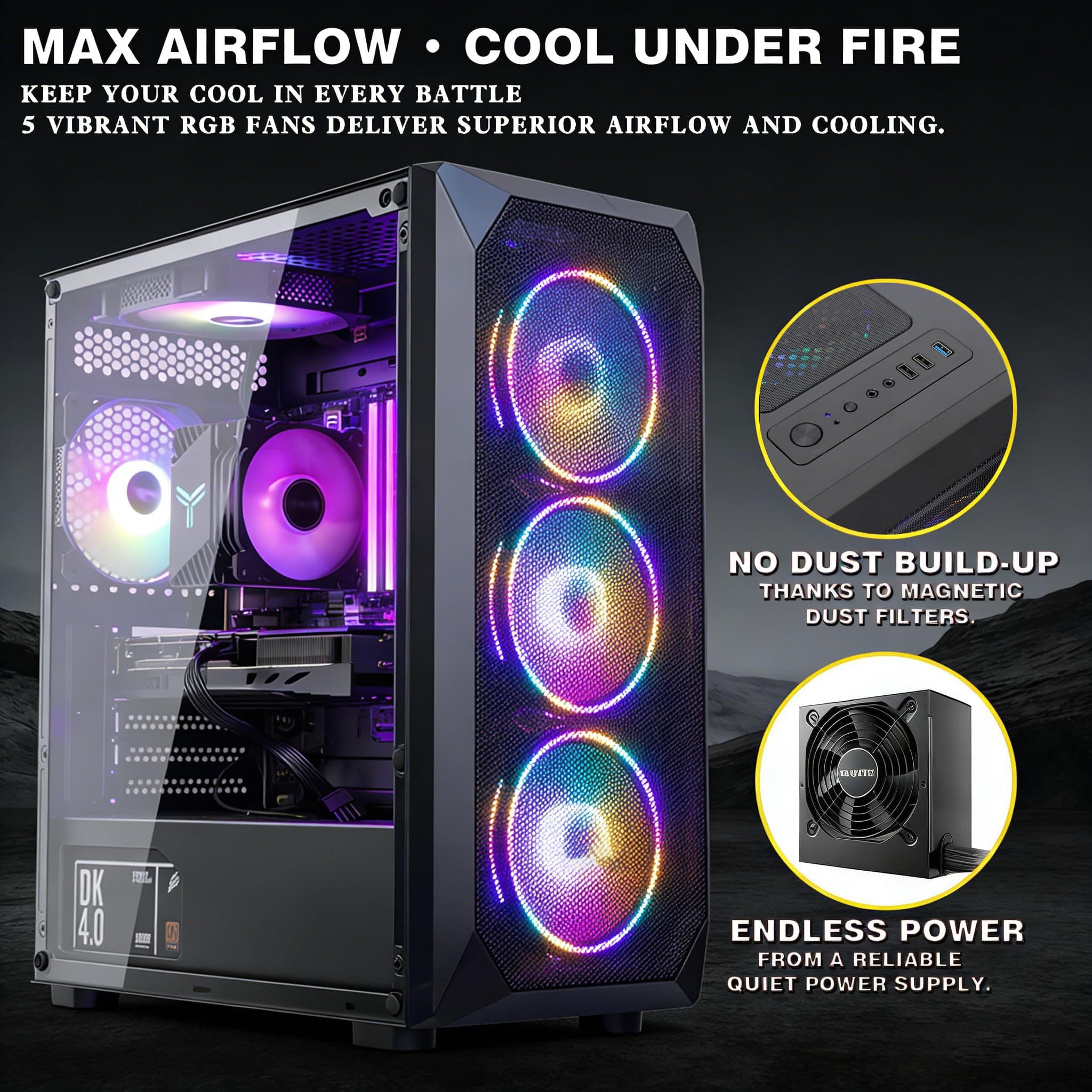 Gaming PC Ryzen 5 5500, GeForce RTX 4060, B450, 16GB(8GB*2) 3200MHz DDR4 RAM, 1TB NVMe SSD, P550W, 5 RGB Lüfter, WLAN, Leistungsstarker Gaming- und Kreativ-PC Ryzen5 R5 5500|RTX4060|16GB DDR4|1TB Bild 3