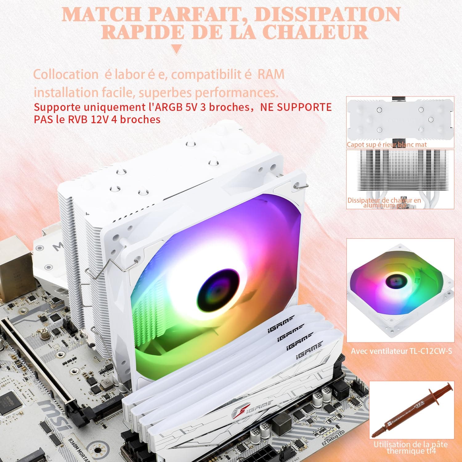 TR Assassin King 120 SE White ARGB CPU-Luftkühler, 5 Heatpipes, TL-C12CW-S PWM Leiser CPU-Kühler, für AMD AM4 AM5/Intel 1151/1150/1200/1700 Bild 8