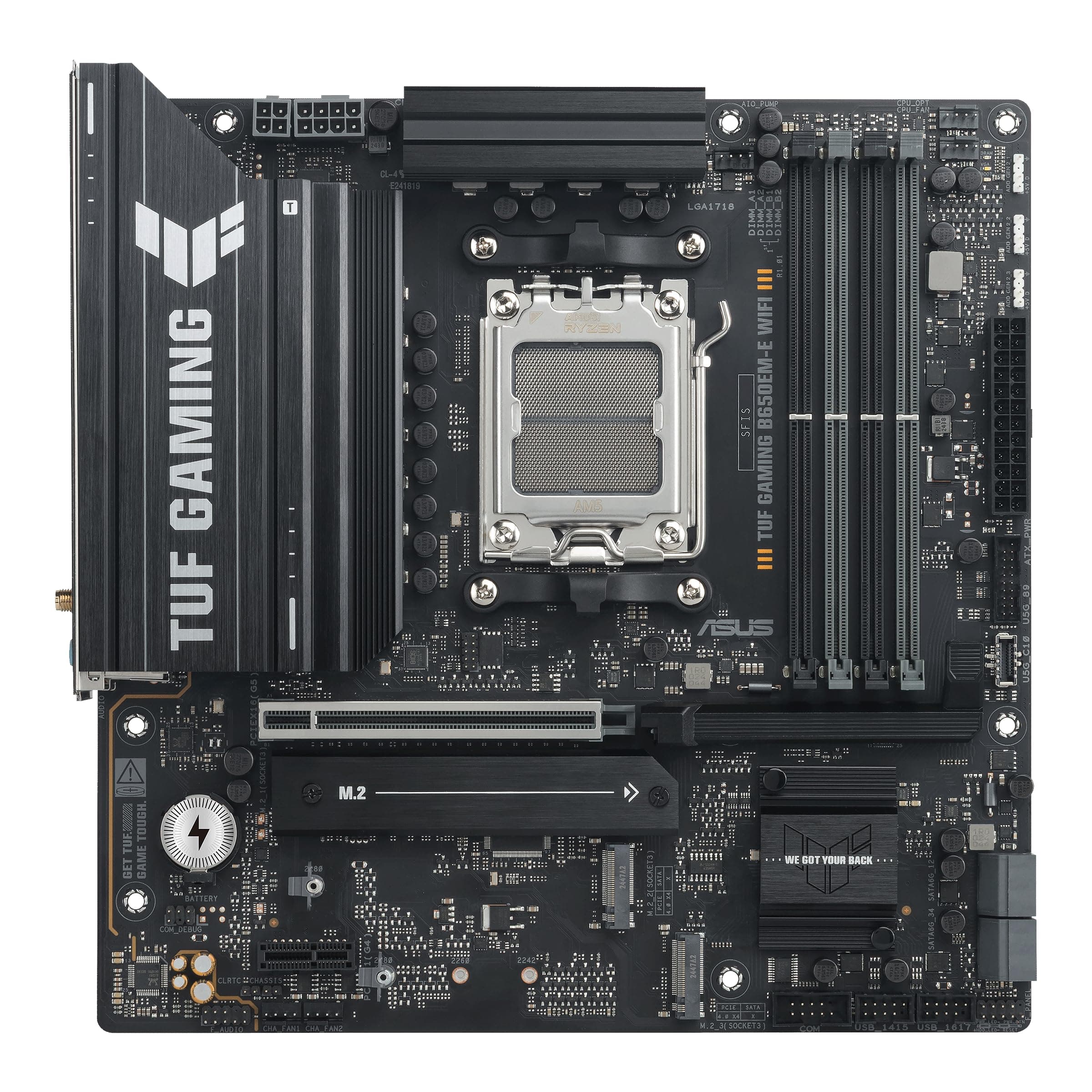 ASUS TUF Gaming B650EM-E WiFi AMD mATX Motherboard, 8+2+1 80A DrMOS Power Stages, DDR5, PCIe 5.0, Three M.2 Slots, WiFi 6, 2.5Gb Ethernet, DisplayPort, HDMI™, Rear USB-C 10Gbps and Front USB-C 5Gbps Bild 7