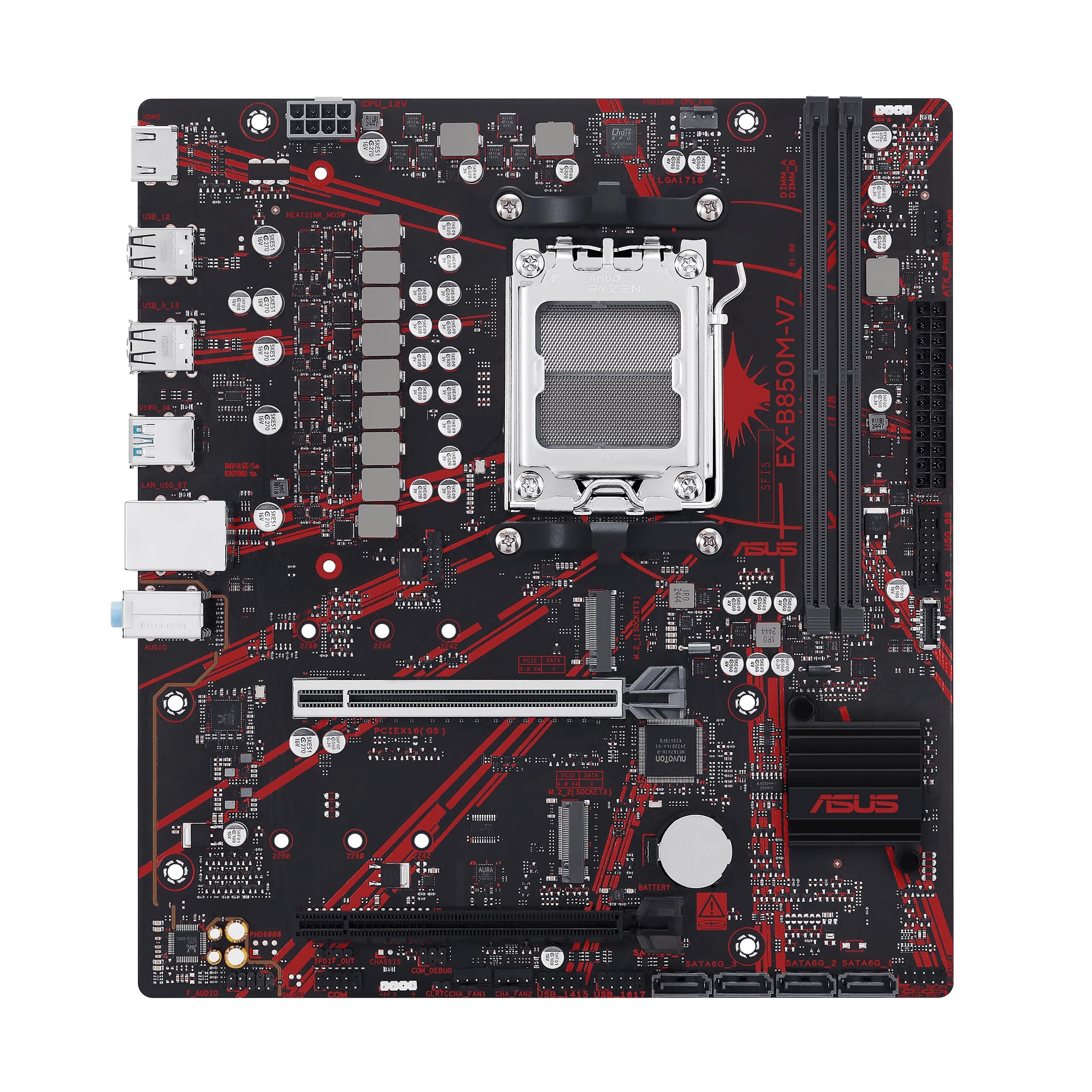 ASUS EX-B850M-V7, Motherboard AMD Micro-ATX, DDR5-Slot, PCIe 5.0 Ready, Zwei M.2-Steckplätze, Ethernet Realtek 5 GB, HDMI 2.1, SATA 6 Gbit/s, USB-Anschlüsse hinten mit 10 Gbit/s und vorne USB-C mit 5