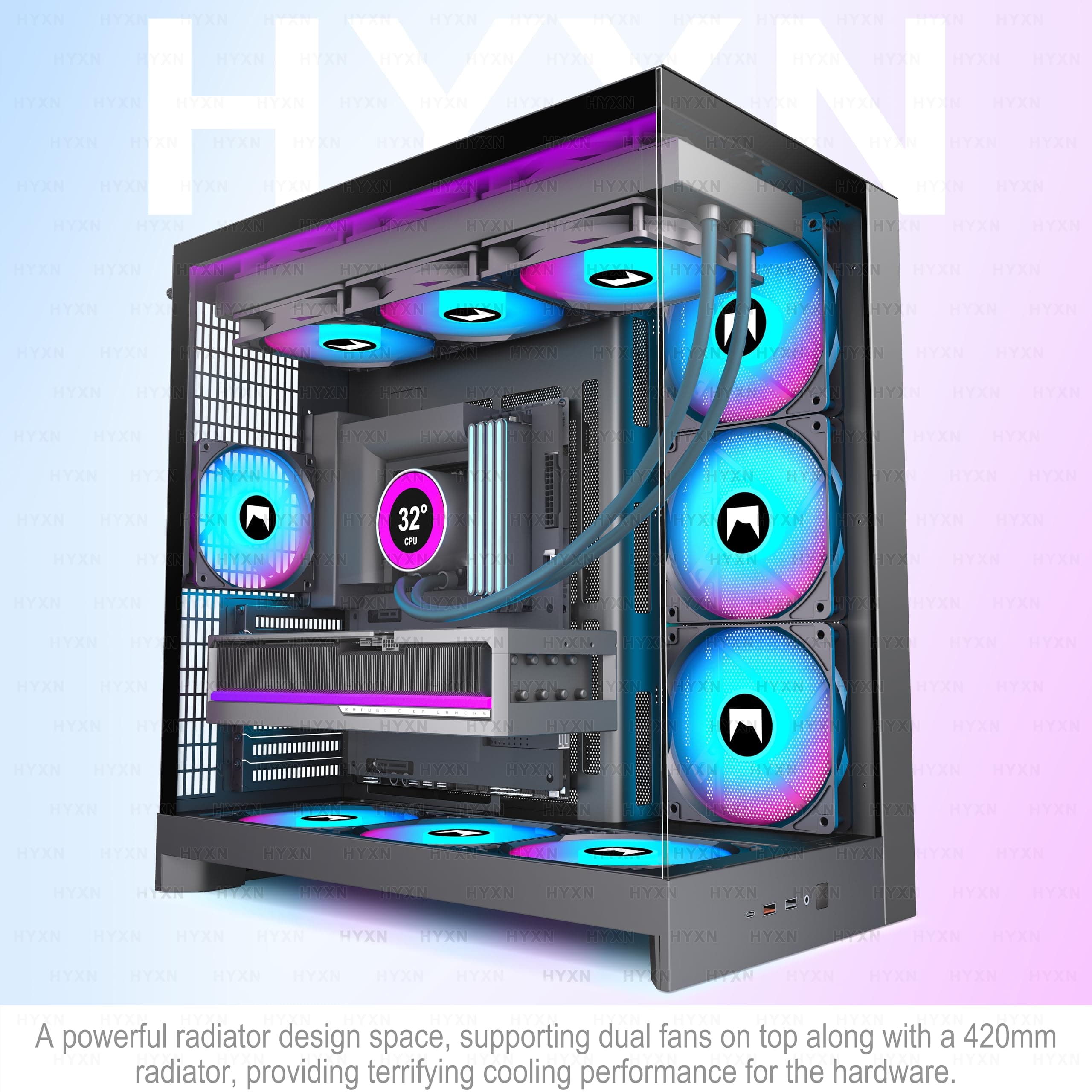 H2(2026) HYXN PC Gehäuse ATX mit 8 Lüfter(6X140 und 2X120) Groß Dual Kammer Mid-Tower Computer Gehäuse Airflow Gaming PC-Gehäuse,Unterstützt 420mm-Wasserkühler,Gaming Gehäuse (Schwarz, H2) Schwarz H2 Bild 3