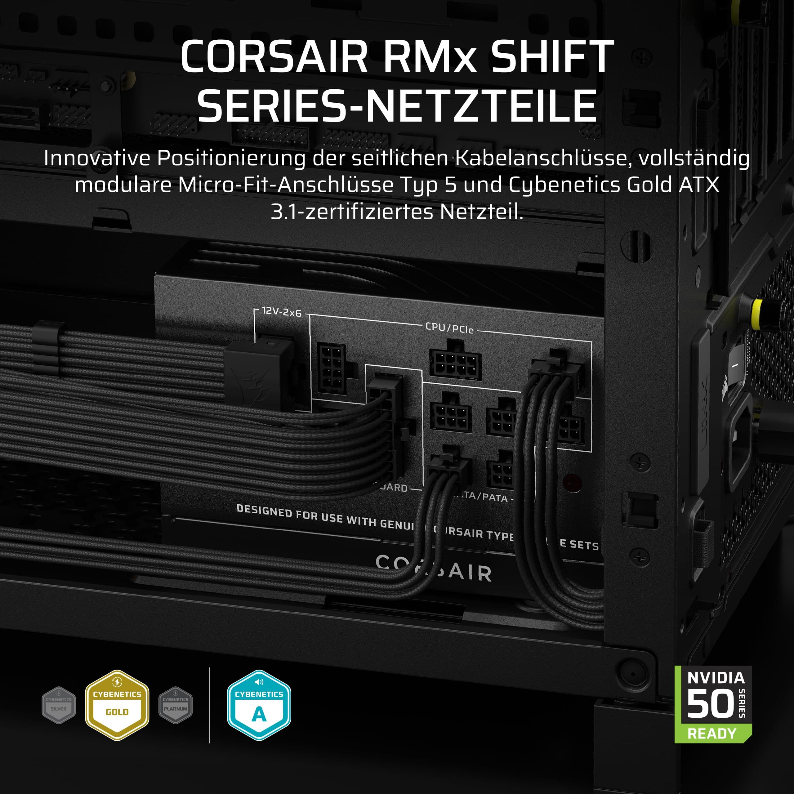 CORSAIR RM1000x Shift (2025) Vollmodulares ATX-Netzteil – Modulare Seitenschnittstelle, 12-V-2x6-Kabel, ATX 3.1 und PCIe 5.1, Lüftergeschwindigkeit, 105°C-Kondensatoren, Cybenetics Gold – Schwarz 1000w Bild 3