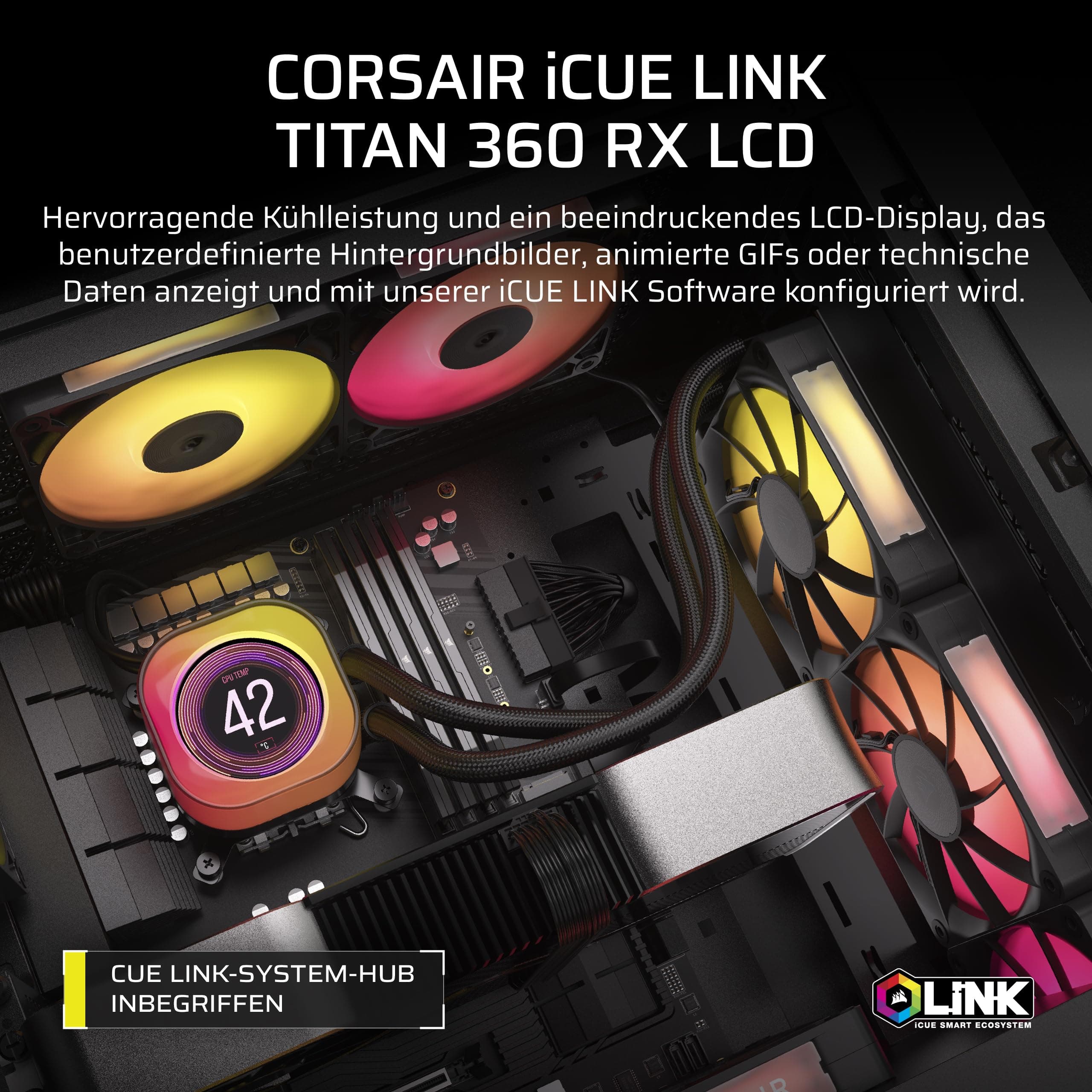 Corsair iCUE LINK Titan 360 RX LCD CPU-Flüssigkeitskühler – 360mm AIO – FlowDrive-Kühl-Engine – Intel LGA 1851/1700, AMD AM5/AM4 – 3X RX120 RGB-Lüfter – iCUE LINK-System-Hub Inbegriffen – Schwarz Bild 3