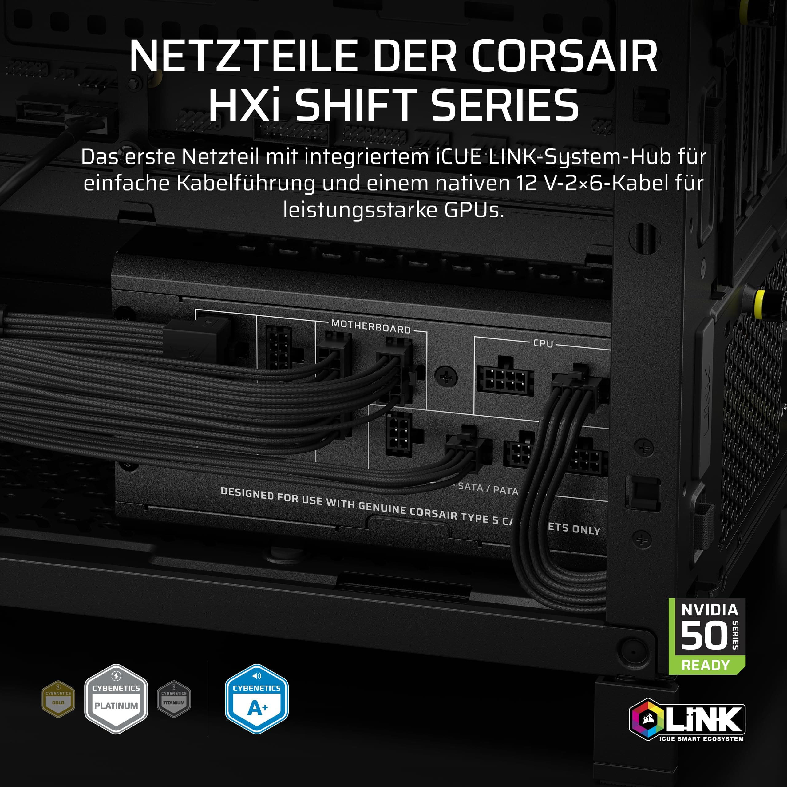 CORSAIR HX1000i Shift Vollständig Modulares ATX-Netzteil – Schwarz | Eingebauter iCUE LINK System Hub, Natives 12V-2x6 Kabel, ATX 3.1 & PCIe 5.1, Seitlich Montierte Stecker, Cybenetics Platinum 1000w Schwarz Bild 3