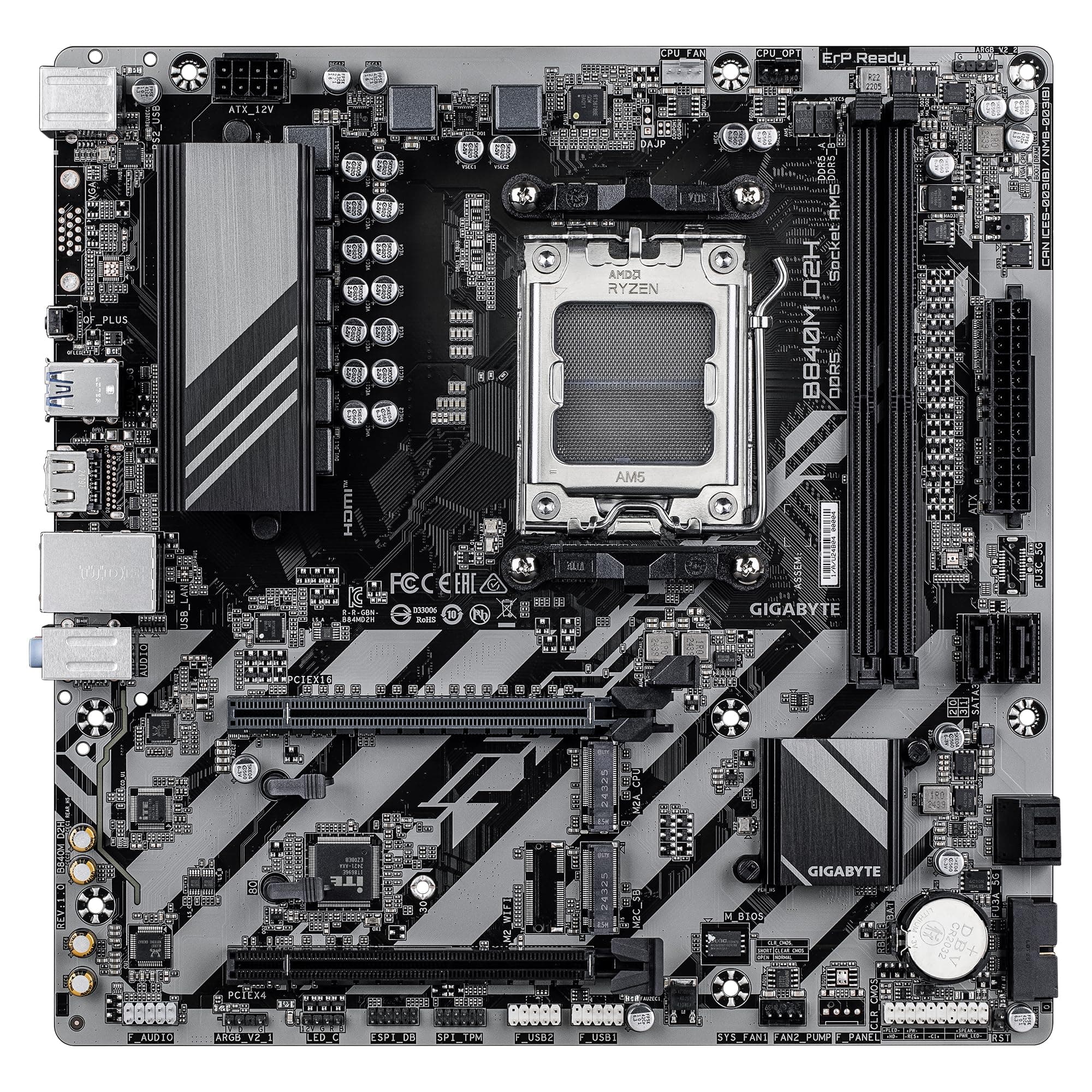 GIGABYTE B840M D2H Mainboard – AMD Ryzen 9000 CPUs, 5+2+2 Phasen VRM, bis zu 7600 MHz DDR5, 1xPCIe 4.0 + 1xPCIe 3.0 M.2, 2.5GbE LAN, USB 3.2 Gen 1 Bild 3