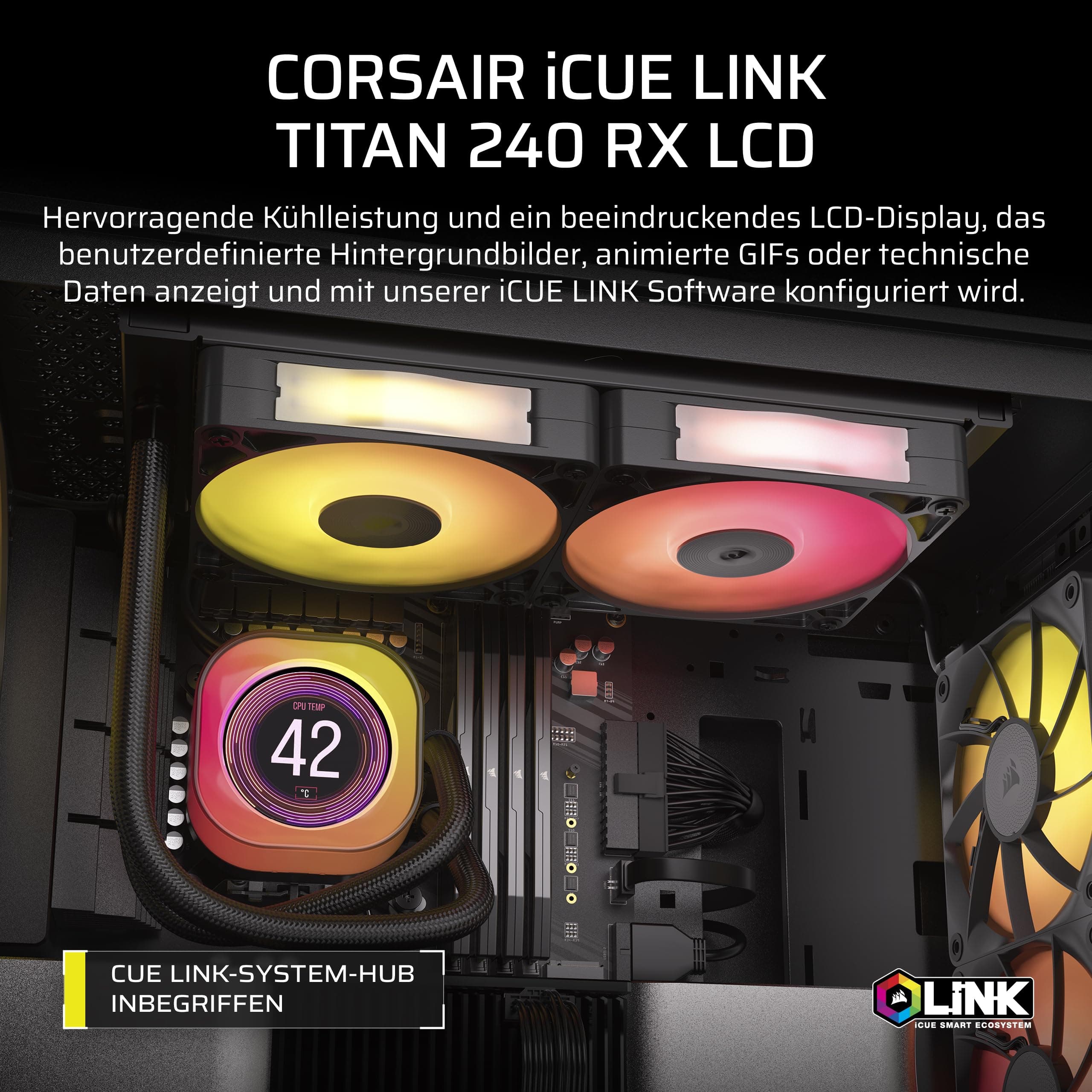 Corsair iCUE LINK Titan 240 RX LCD CPU-Flüssigkeitskühler – 240mm AIO – FlowDrive-Kühl-Engine – Intel LGA 1851/1700, AMD AM5/AM4 – 2X RX120 RGB-Lüfter – iCUE LINK-System-Hub Inbegriffen – Schwarz Bild 3