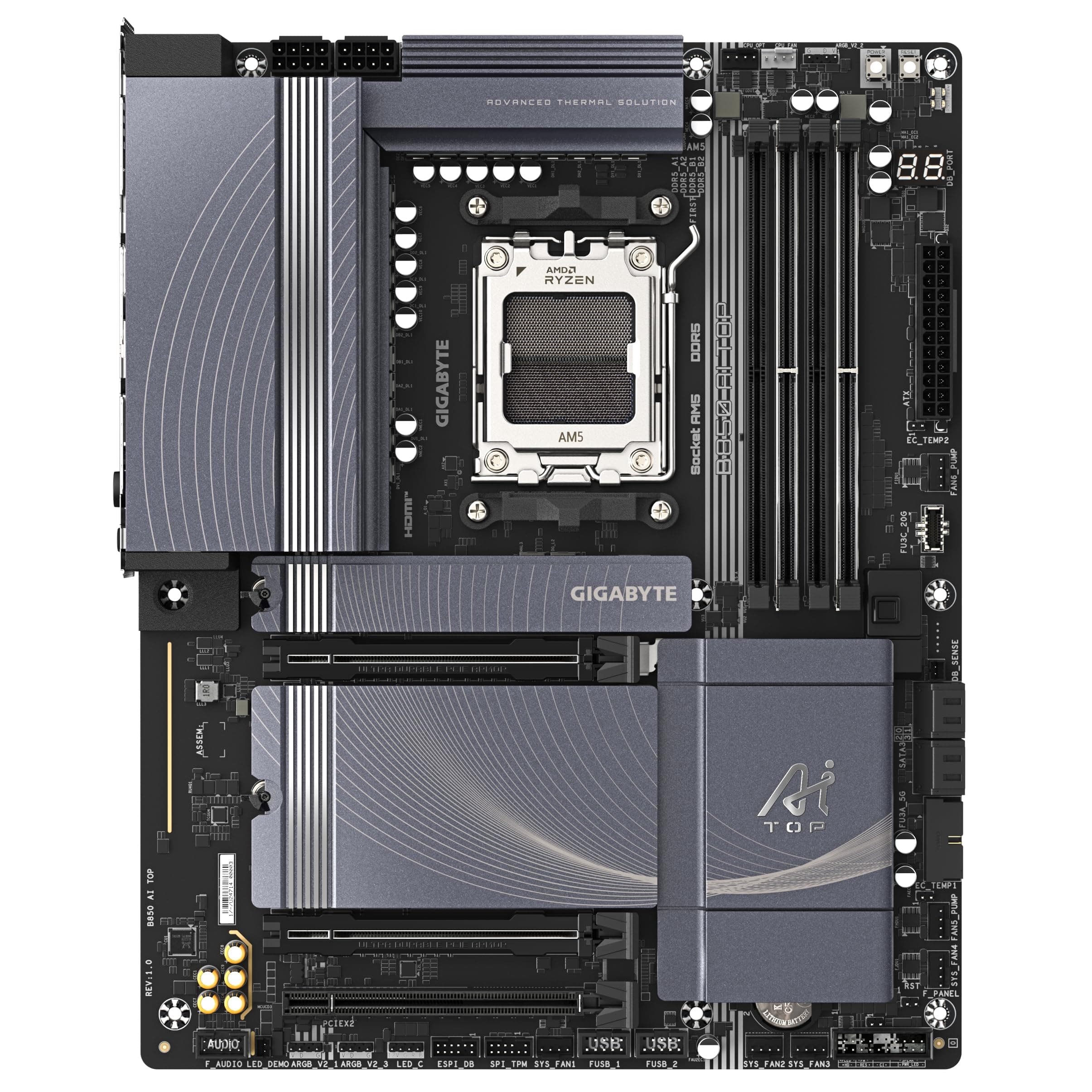 GIGABYTE B850 AI TOP Motherboard - AMD Ryzen 9000 Series CPUs, 16+2+2 Phasen Digital VRM, bis zu 8600MHz DDR5 (OC), 2xPCIe 5.0 + 1xPCIe 4.0 M.2, 10 GbE LAN, WiFi 7, USB 3.2 Gen 2x2 Bild 3