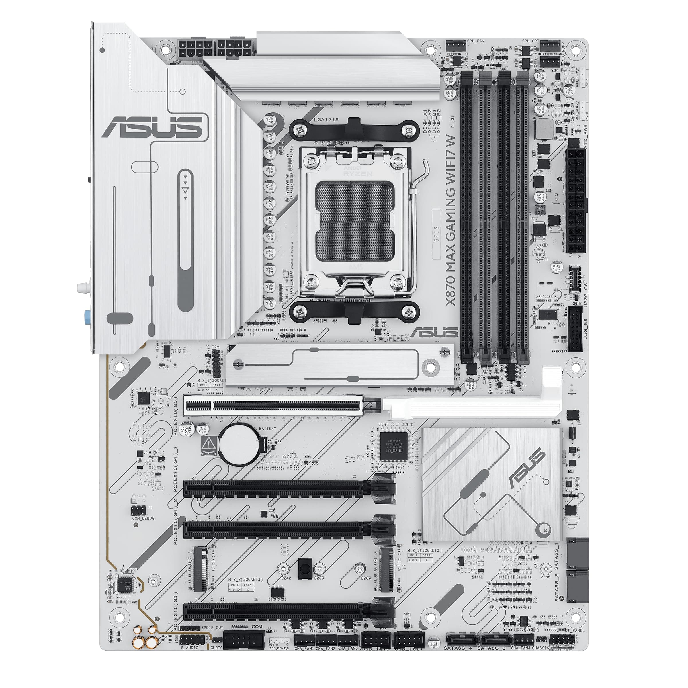 ASUS X870 MAX Gaming WIFI7W AMD AM5 ATX Motherboard, 8-lagige weiße PCB, 12+2+1 80A DrMOS, DDR5, PCIe 5.0 x16 Q-Release, 3X M.2, Wi-Fi 7 Q-Antenne, USB4® Type-C®, 2,5 GB LAN, BIOS Flashback™, Aura Bild 3