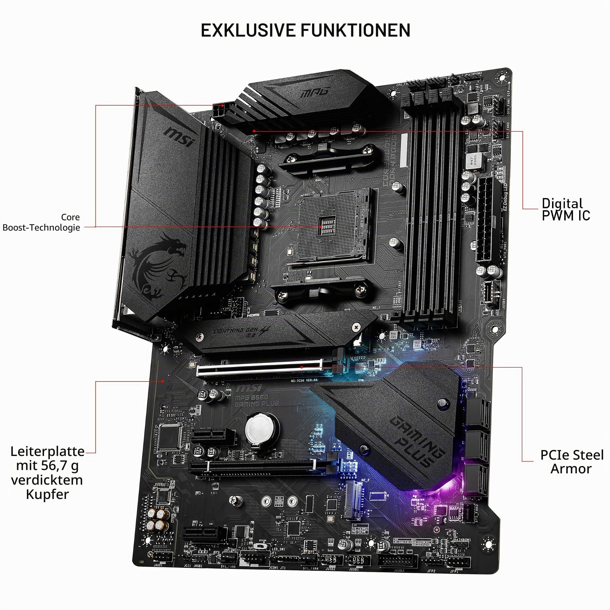 MSI MPG B550 Gaming Plus V1 Gaming Mainboard (AMD Ryzen 5000, AM4, DDR4, PCIe 4.0, SATA 6Gb/s, M.2, USB 3.2 Gen 2, HDMI/DP, ATX) Bild 5
