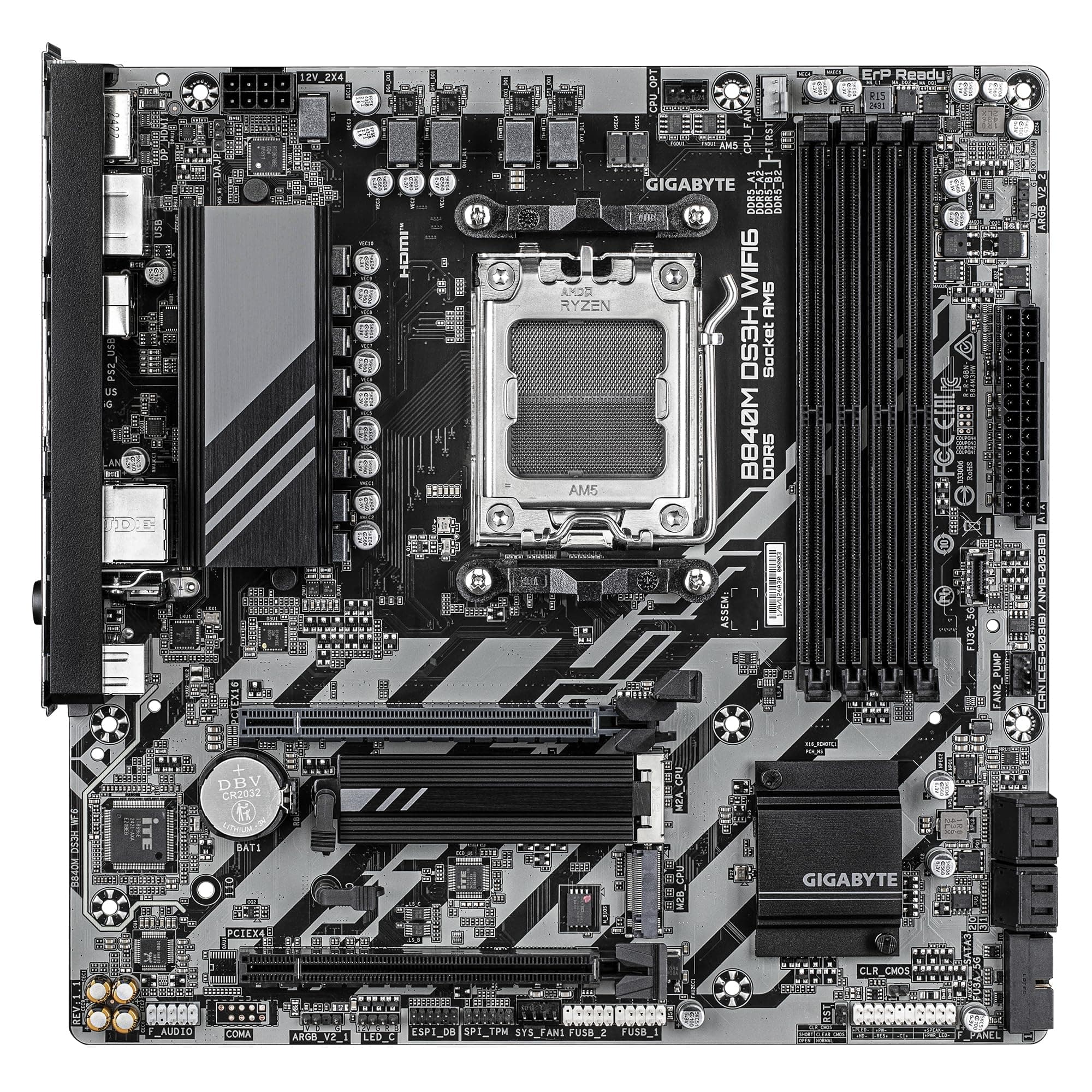 GIGABYTE B840M DS3H WIFI6 Mainboard – AMD Ryzen 9000 Prozessoren, 8+2+2 Phasen VRM, bis zu 8200 MHz DDR5, 2 x PCIe 4.0 M.2, Wi-Fi 6, 2,5 GbE LAN, USB 3.2 Gen 1 Bild 3