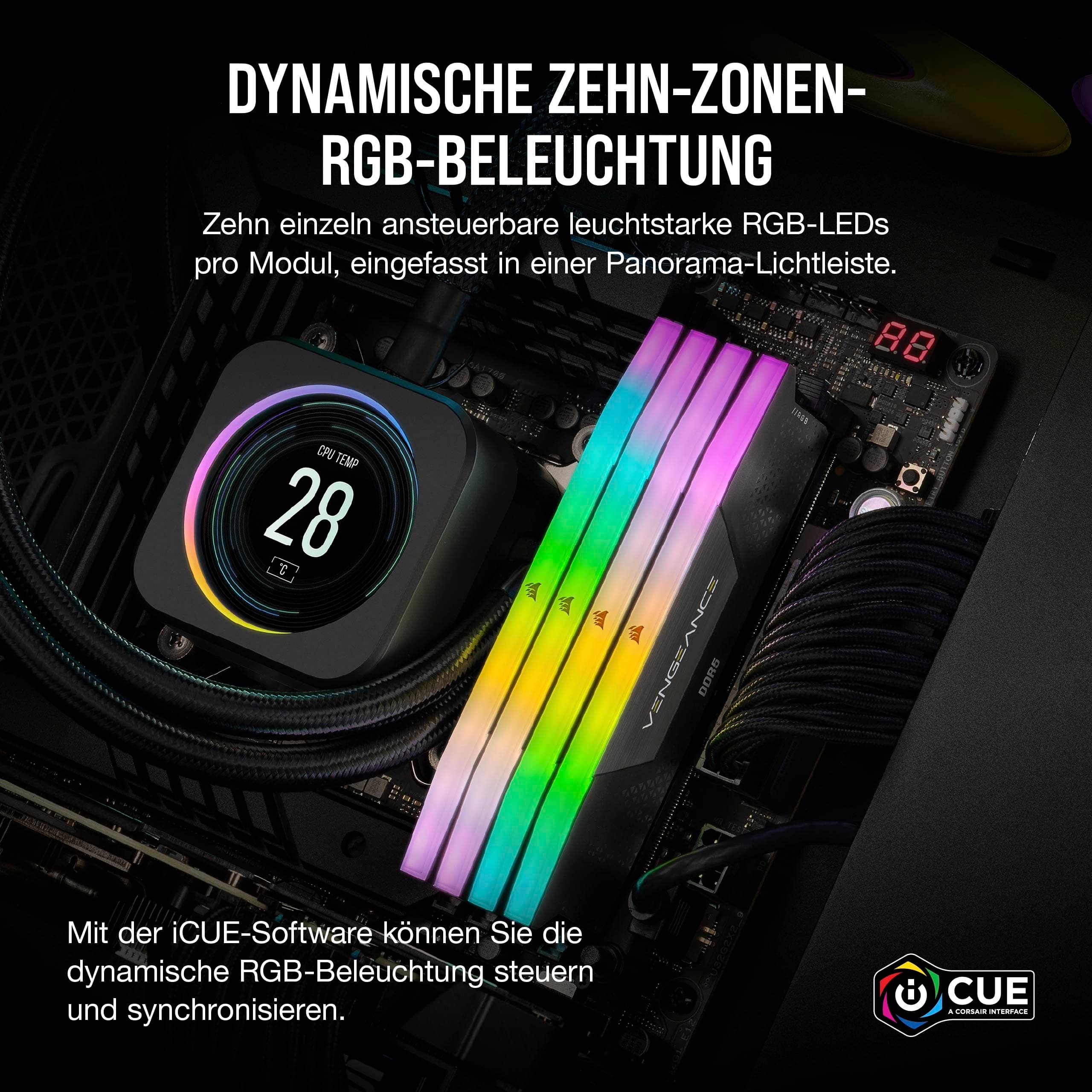 CORSAIR Vengeance RGB DDR5 RAM 96GB (2x48GB) Bis zu 6400MHz CL32 Intel XMP 3.0 Desktop-Arbeitsspeicher – Schwarz (CMH96GX5M2B6400C32) Bild 7