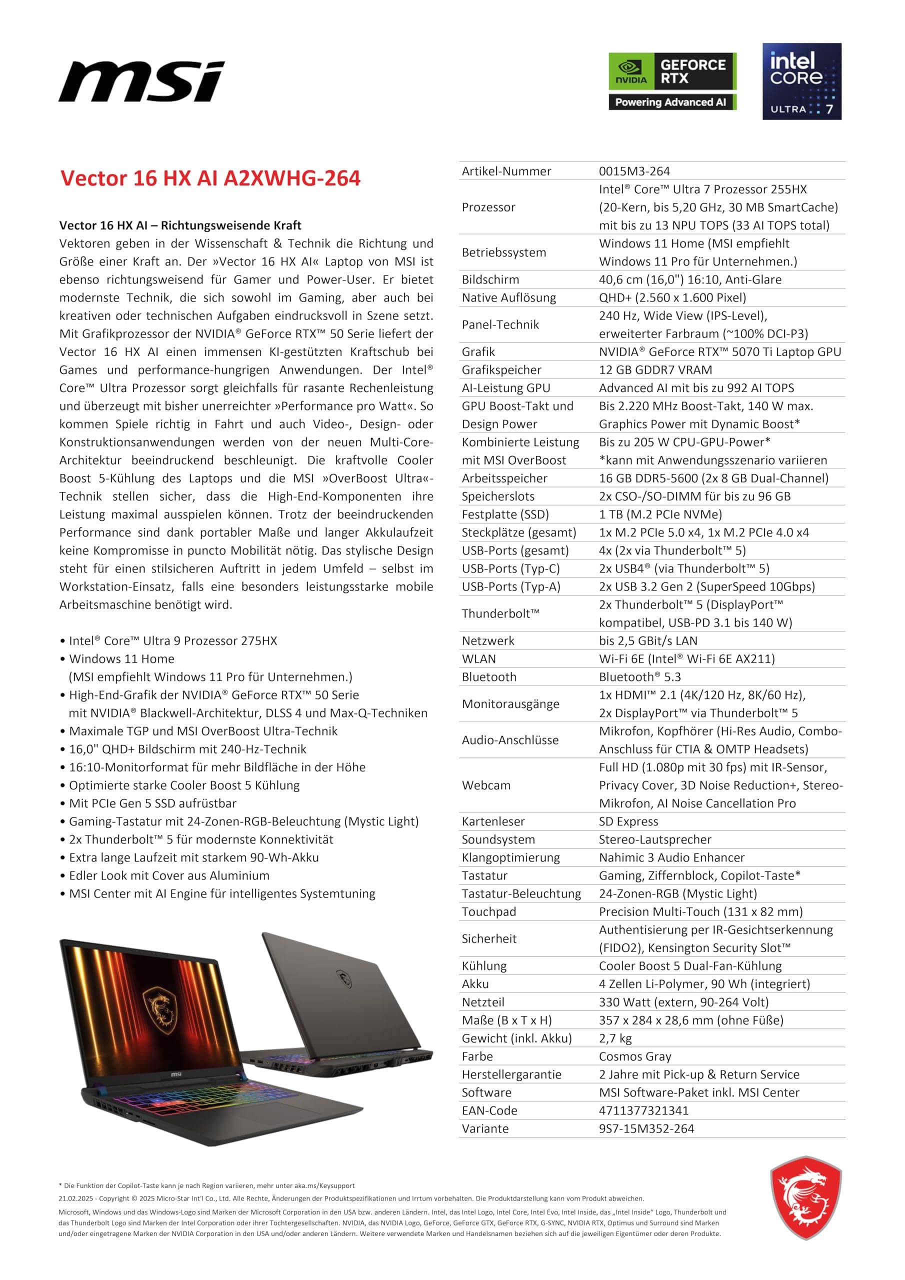 MSI Vector 16 HX AI Gaming-Laptop, 16" QHD+ 240 Hz Display, Intel® Core™ Ultra 7 255HX, NVIDIA GeForce RTX 5070 Ti, 16 GB RAM, 1 TB SSD, Windows 11 Home, QWERTZ Tastatur, Cosmos Grau, A2XWHG-264 Intel® Core™ Ultra 7 255HX RTX5070TI Bild 5