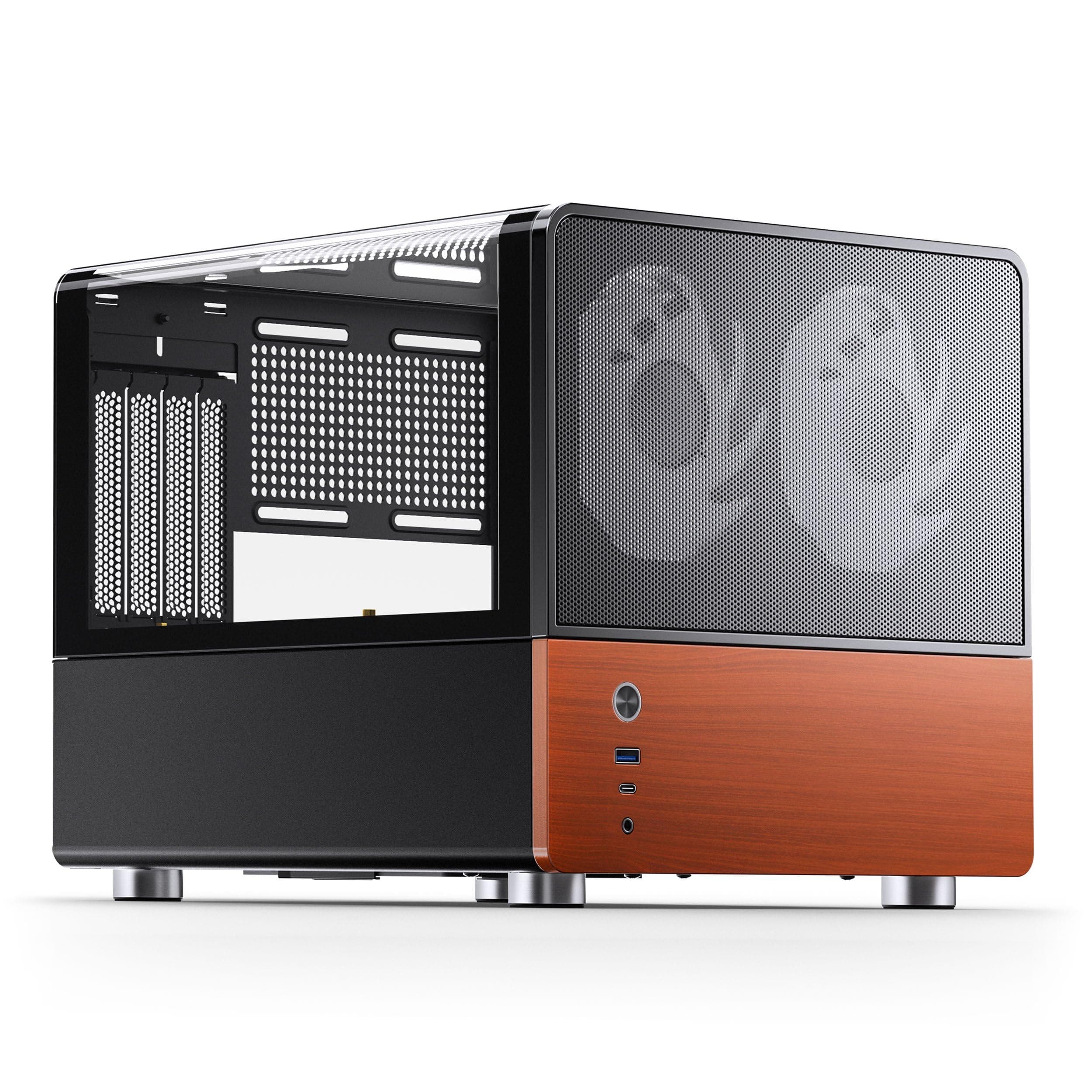 Jonsbo V12 PC-Gehäuse Mini-Tower Micro-ATX mit Tempered Glass, Holzfront und vorinstallierten Lüftern – schwarz