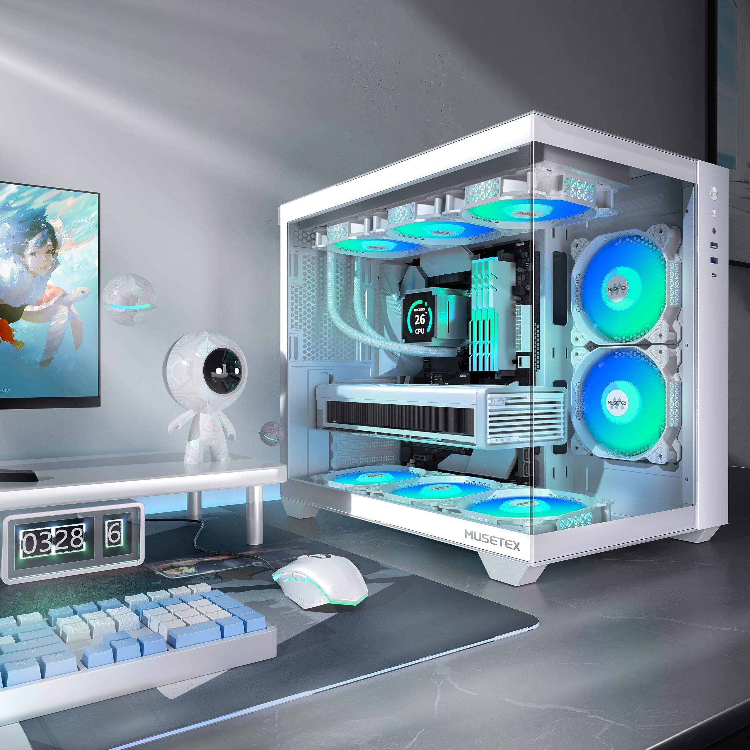 MUSETEX PC Gehäuse ATX,6 PWM ARGB Lüfter vorinstalliert,360MM Rad Unterstützung,Type-C Gaming Gehäuse,270° Full View Tempered Glass Mid Tower PC-Gehäuse,Reinweißes ATX Gehäuse,Y6 Bild 3