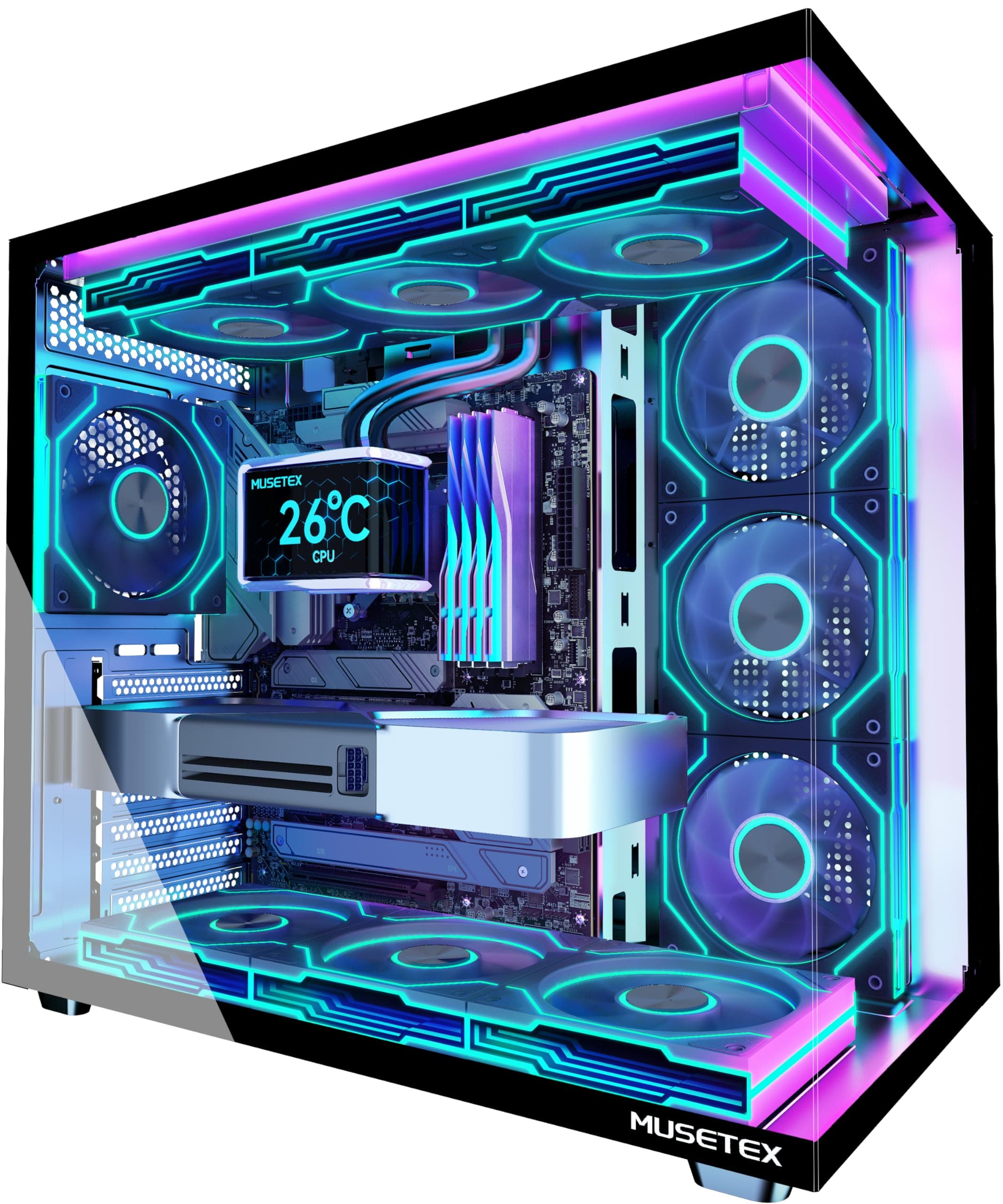 MUSETEX Y6 PC Gehäuse Vorinstallation 7 Infinity Mirror PWM ARGB-Lüfter, ATX Mid Tower Computer Gehäuse, Gaming PC Gehäuse mit Type-C, 270° Full View Tempered Glass, Schwarz 42,5T x 27,5B x 39,8H cm